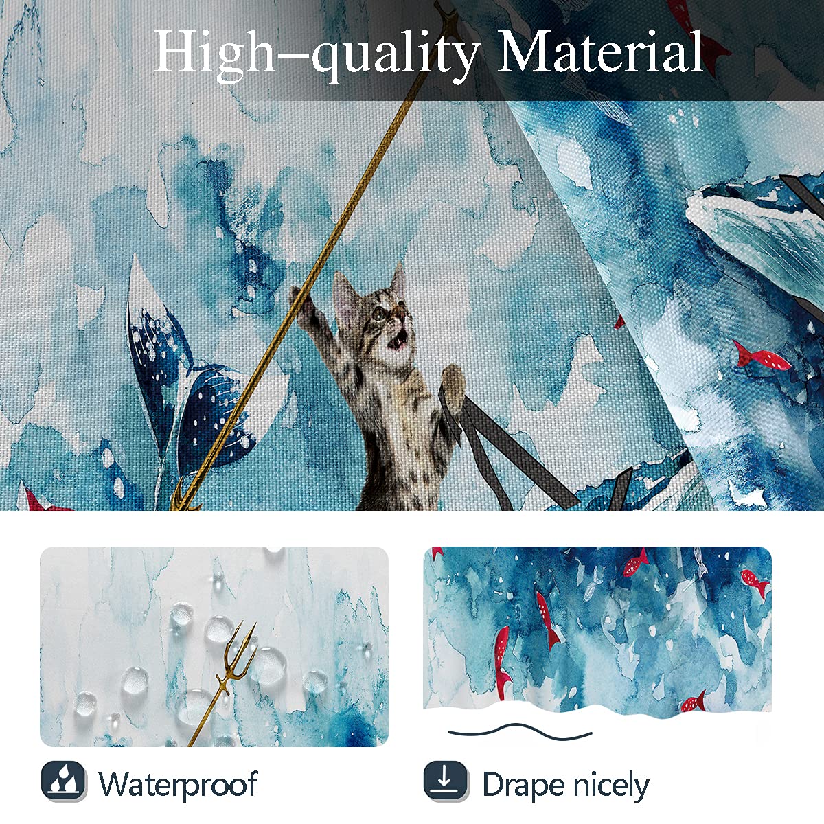 Coxila Funny Cat Shower Curtain Riding Whale Ocean Cute Fun Cool Kids Anime Nautical Beach Theme Sea Wave Beach Fish Hilarious B