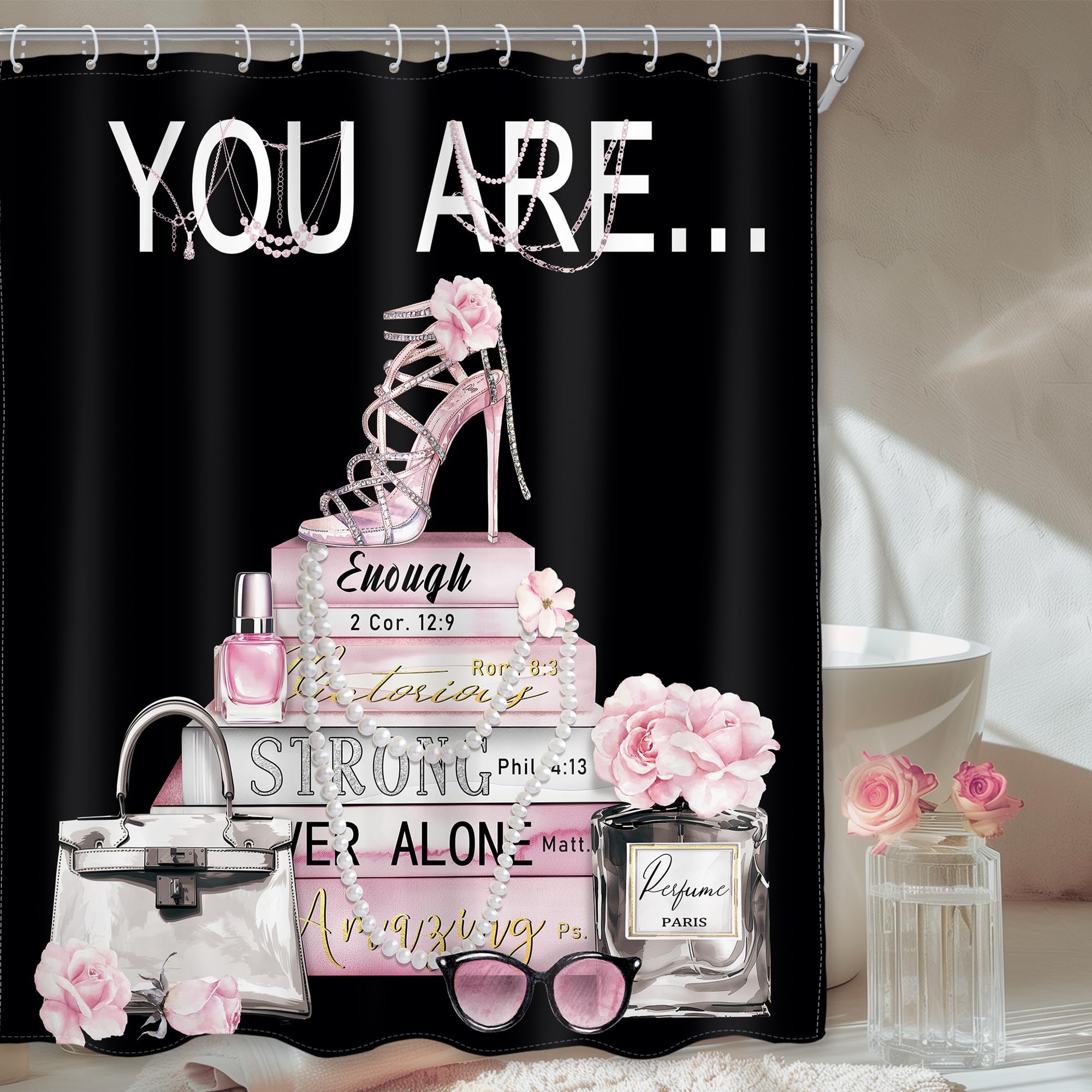 Ambzek Black Fashion Shower Curtain 60Wx72L Inch Pink Women Girls Modern Perfume Flower High Heel Magazine Book You Are Artwork