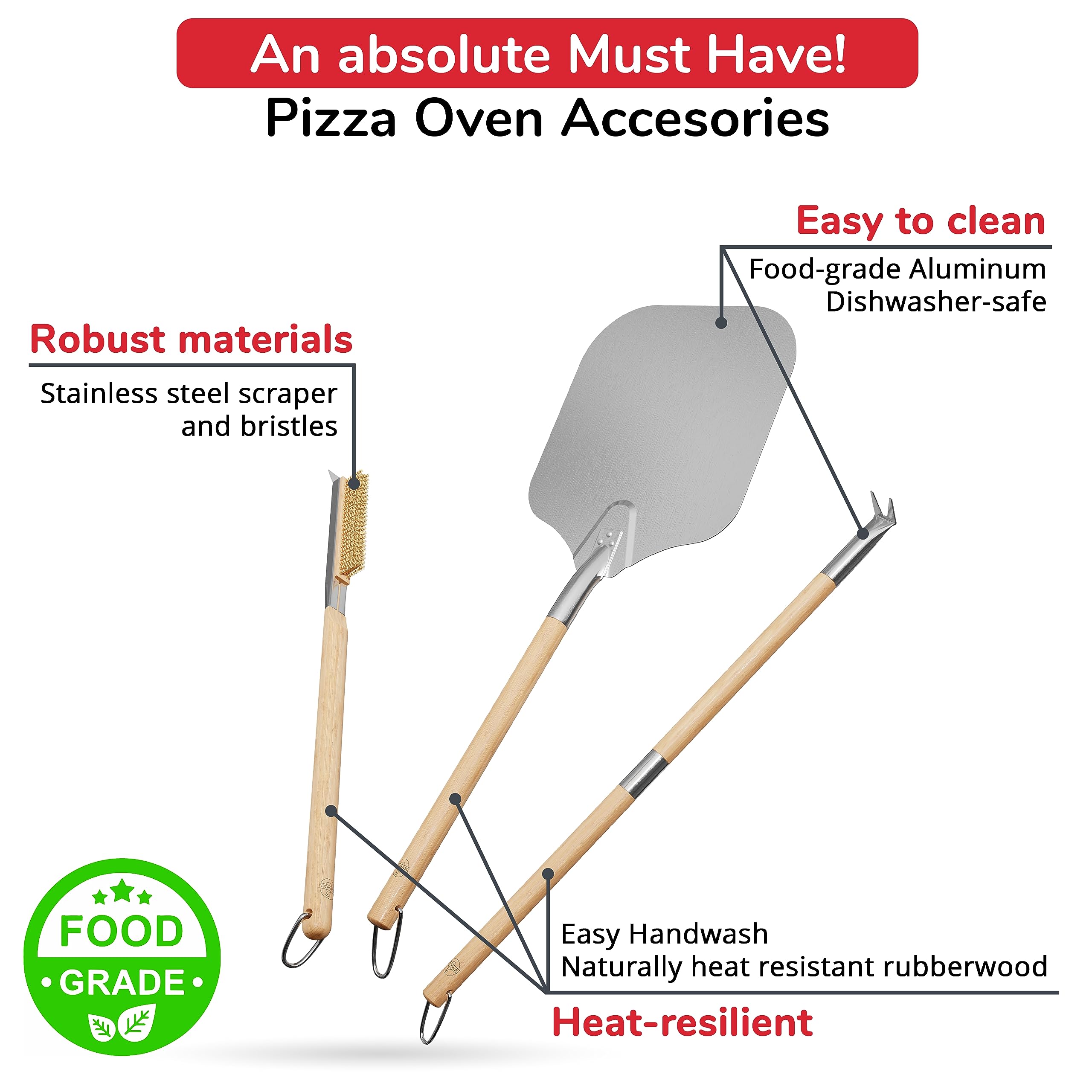 Senwosa Pizza Oven Accessories Kit: Pizza Peel 12 Inch + Turner + Oven Brush & Stone Scraper Bundle - Tools & Supplies Set - Com