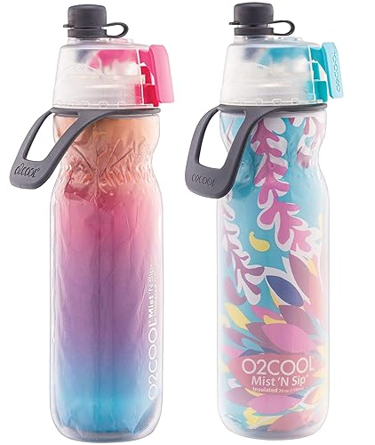 O2COOL Arctic Squeeze Insulated Mist 'N Sip Water Bottle  2 Pack- 20 oz  BPA Free  2-in-1 Mist and Sip Function w/No Leak Pull Top Spout (Ras Ombre/Tropical)