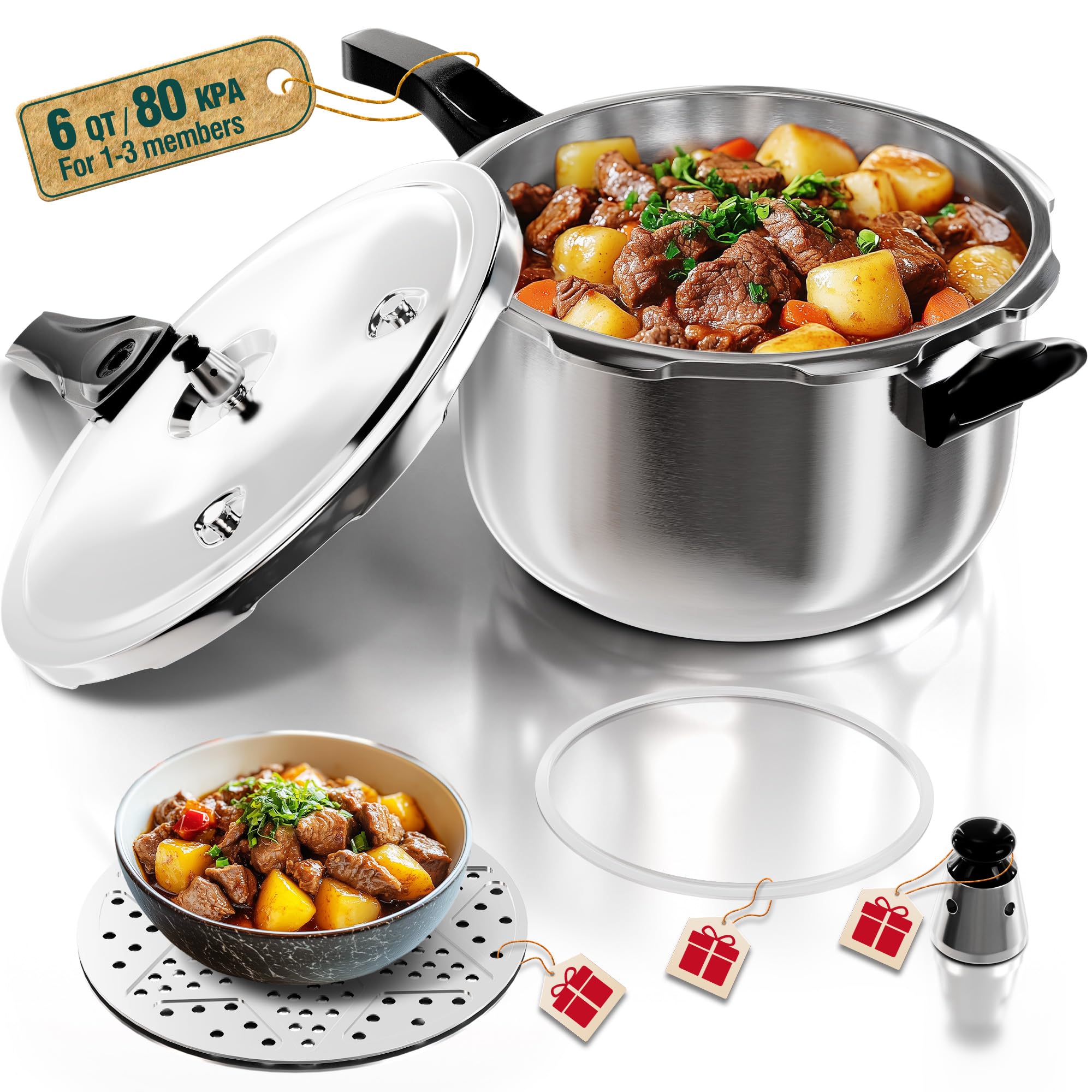 WantJoin Pressure Cooker, 6 Quart Stainless Steel Pressure Canner, Induction Compatible Cookware with Spring Valve Safeguard Dev