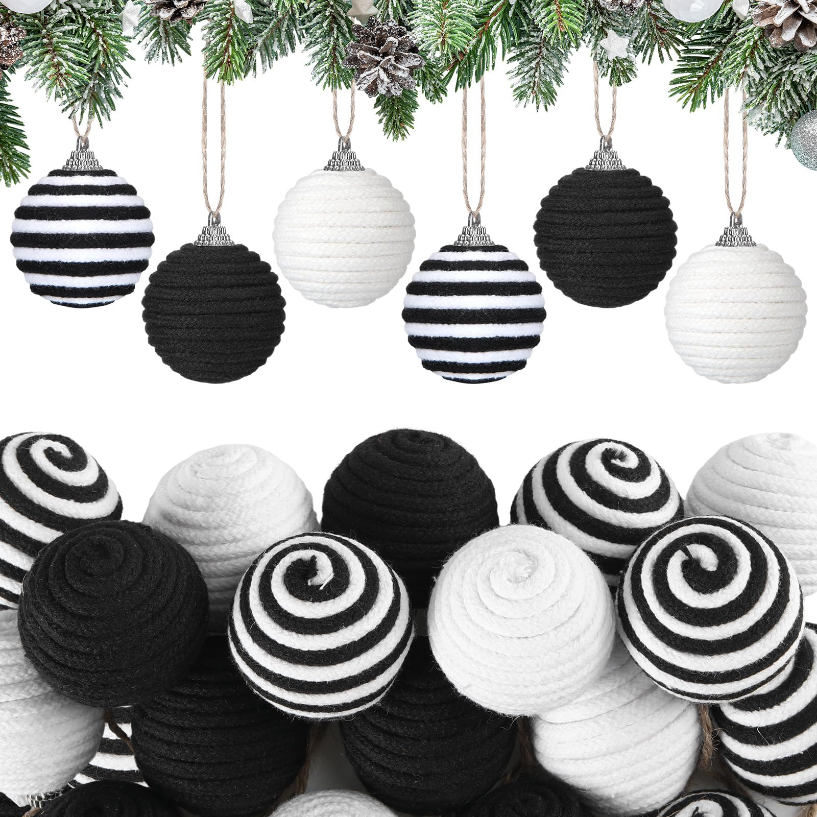 Syhood 18 Pcs 1.57 Inch Mini Christmas Black White Ball Ornaments Boho Farmhouse Jute Rope Hanging Balls Burlap Neutral Rustic O