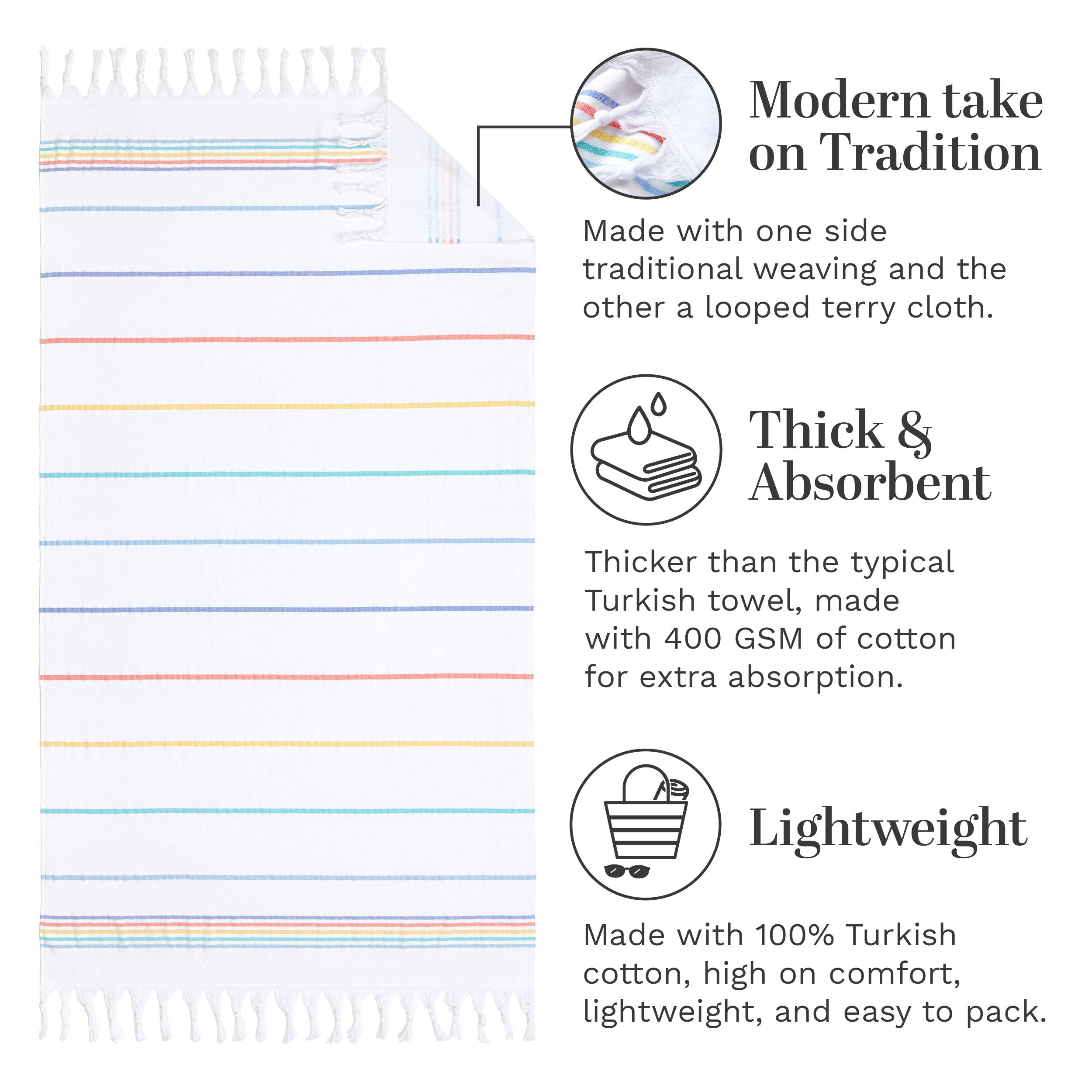 Laguna Beach Textile Co. Soft Turkish Fouta Beach Towel - Rainbow Stripe, 400 Gsm