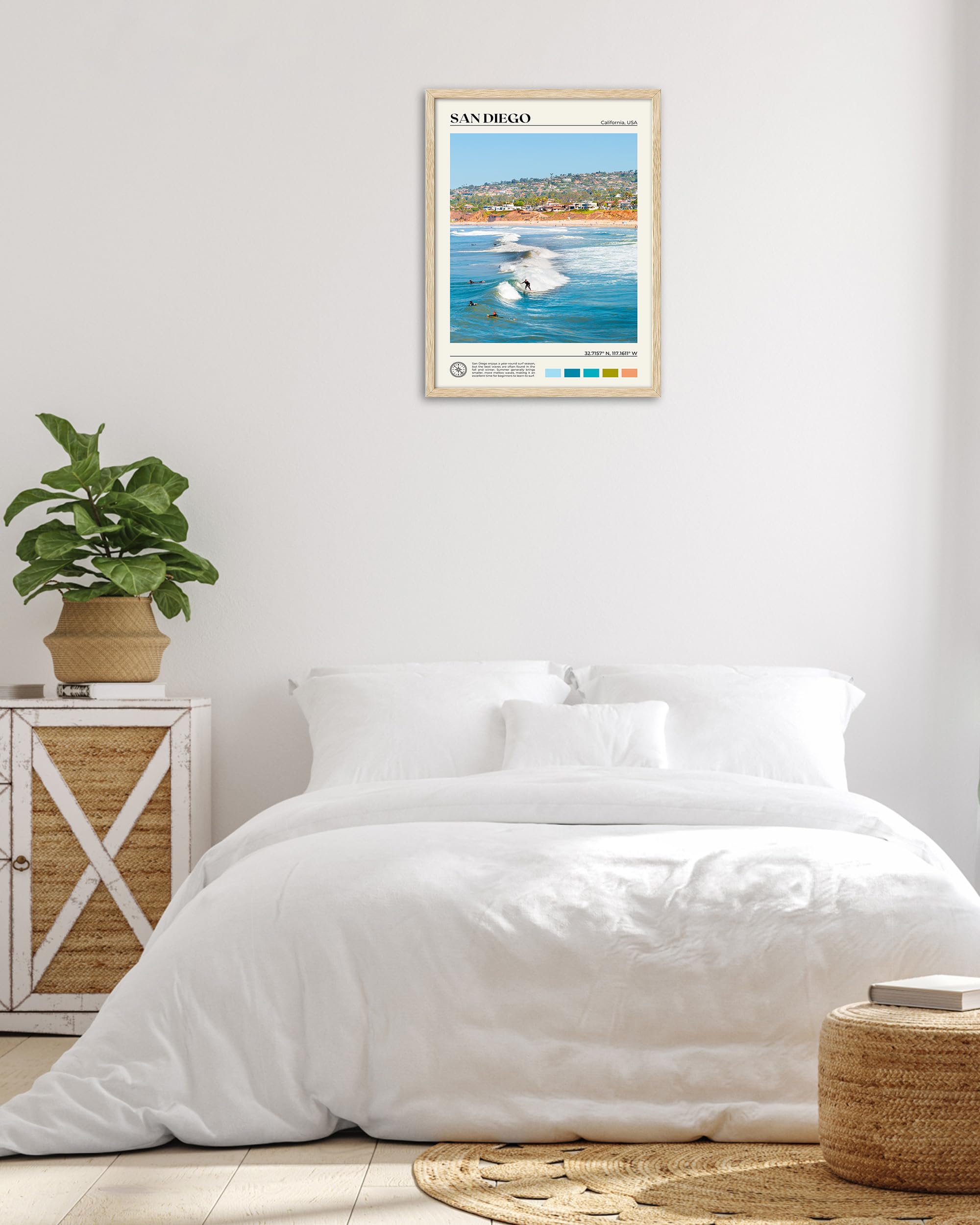 Hesendot Natural Oak Wood San Diego Surfing Framed Wall Art,12X16In Natural Seascape Canvas Wall Print,Classic Urban Landmark Wa