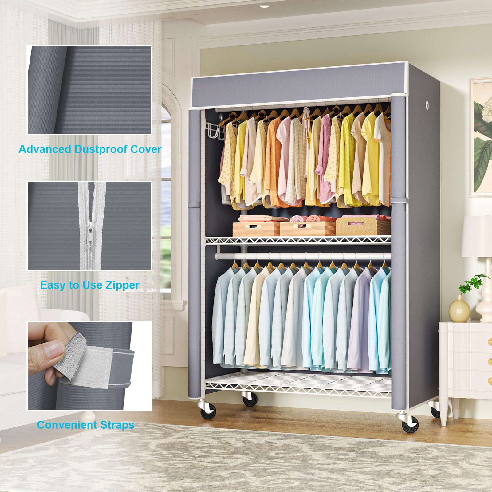 Futassi White Clothing Rack With Grey Cover, P1C Plus Rolling Closet Rack With Wheels, Metal Garment Rack For Hanging Clothes, C