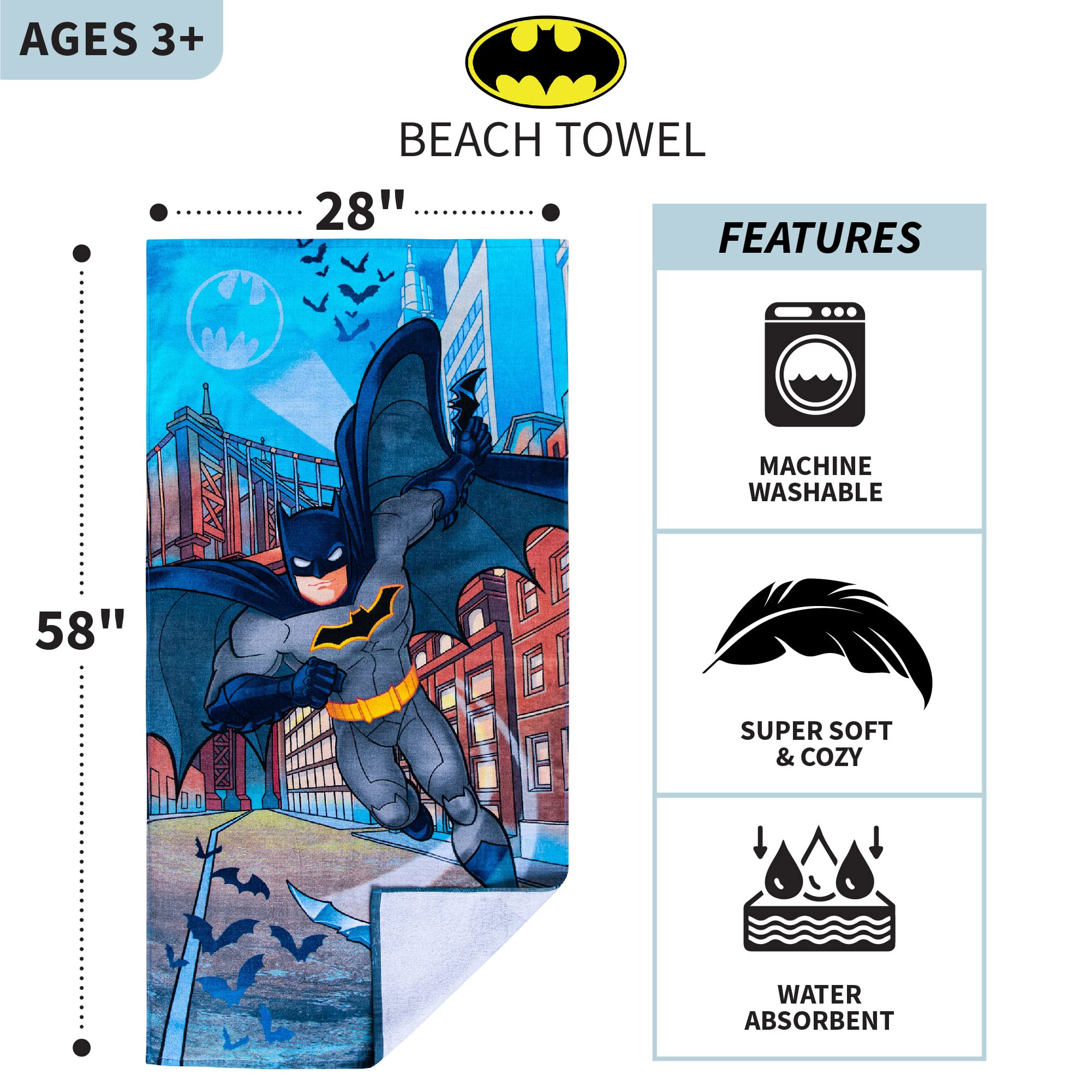 Franco Kids Super Soft Cotton Bath/Pool/Beach Towel, 58 In X 28 In, Batman