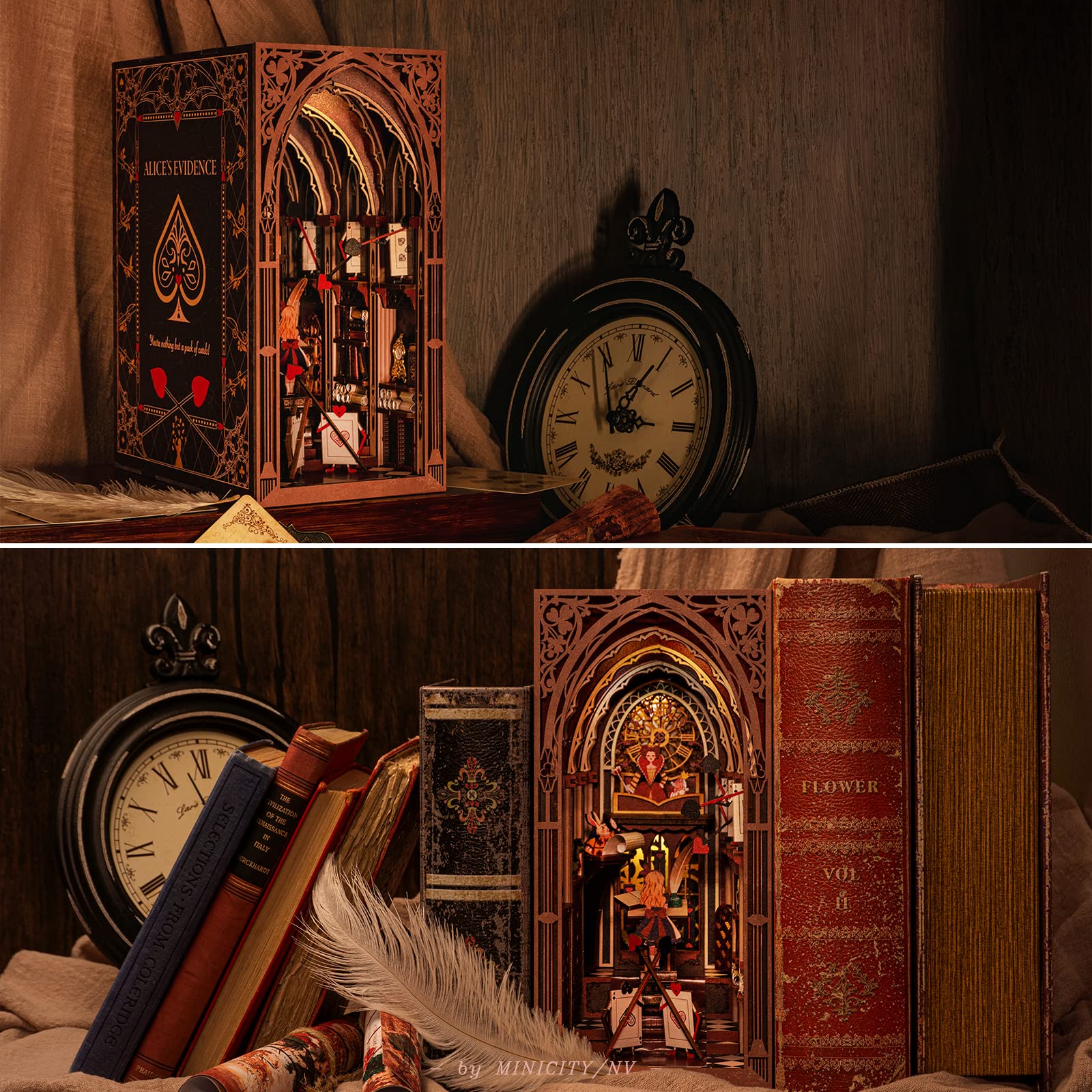 MiniCity DIY Book Nook Kit for Adults, 3D Wooden Puzzle Bookend Bookshelf Insert Decor with LED Light and Dust Cover (Alice in W