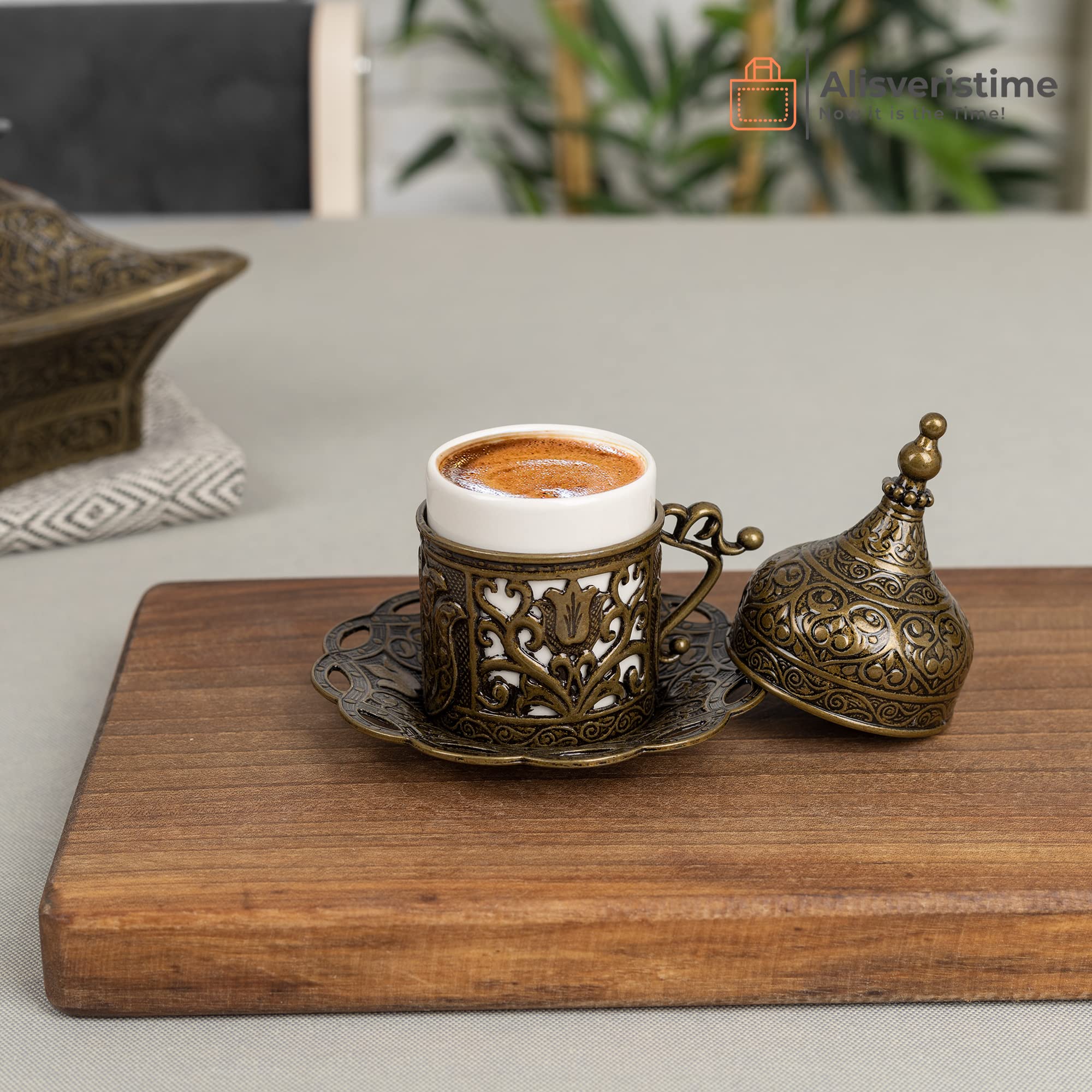 Alisveristime Authentic Turkish Coffee Cup Set: Zamak & Porcelain, Tulip Motifs (Set Of 2) (Lale) (Autentic)