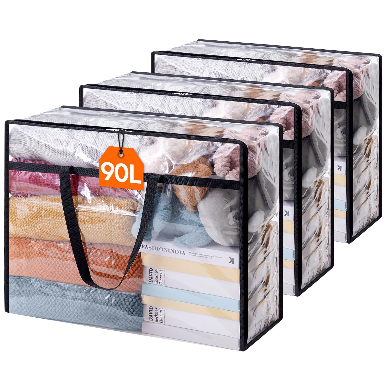 Lifewit 3 Pack Clear Clothes Storage Bags, 90L Plastic Blanket Storage Bags, Vinyl Foldable Moving Bags with Zipper,Closet Organ