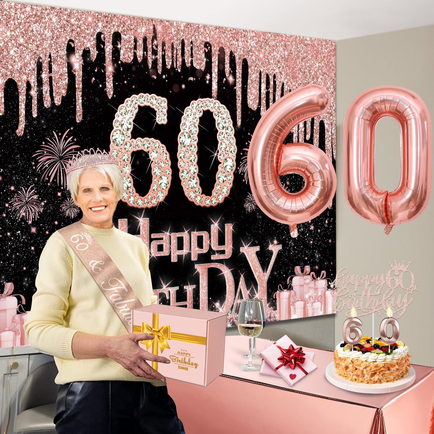 60Th Birthday Decorations For Women With Banner, Rose Gold Tablecloth, Number Balloons, 60Th Birthday Sash And Tiara, Cake Toppe