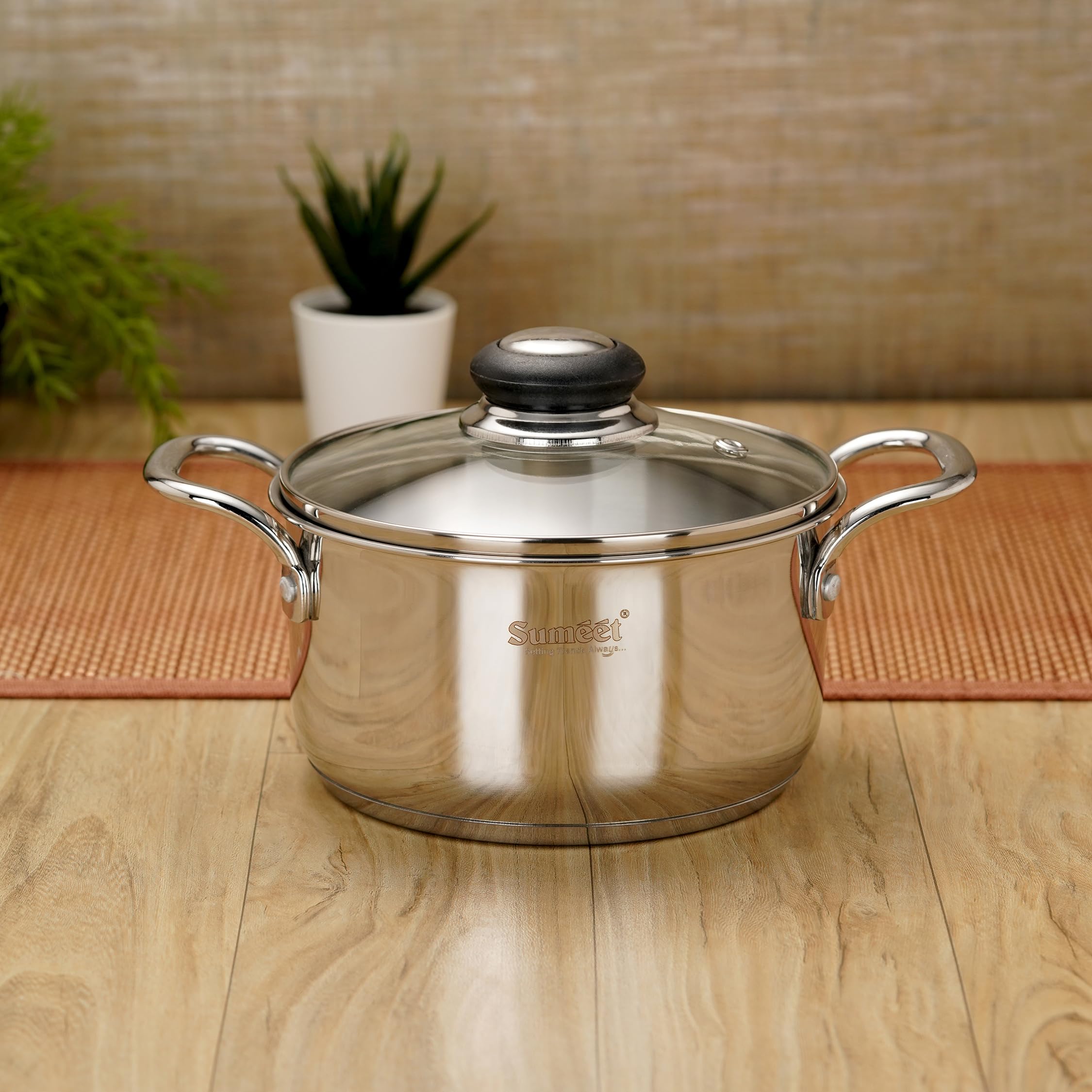 Sumeet Stainless Steel Induction Bottom (Encapsulated Bottom) Casserole With Glass Lid 1750Ml, 16 Cm Dia, Silver