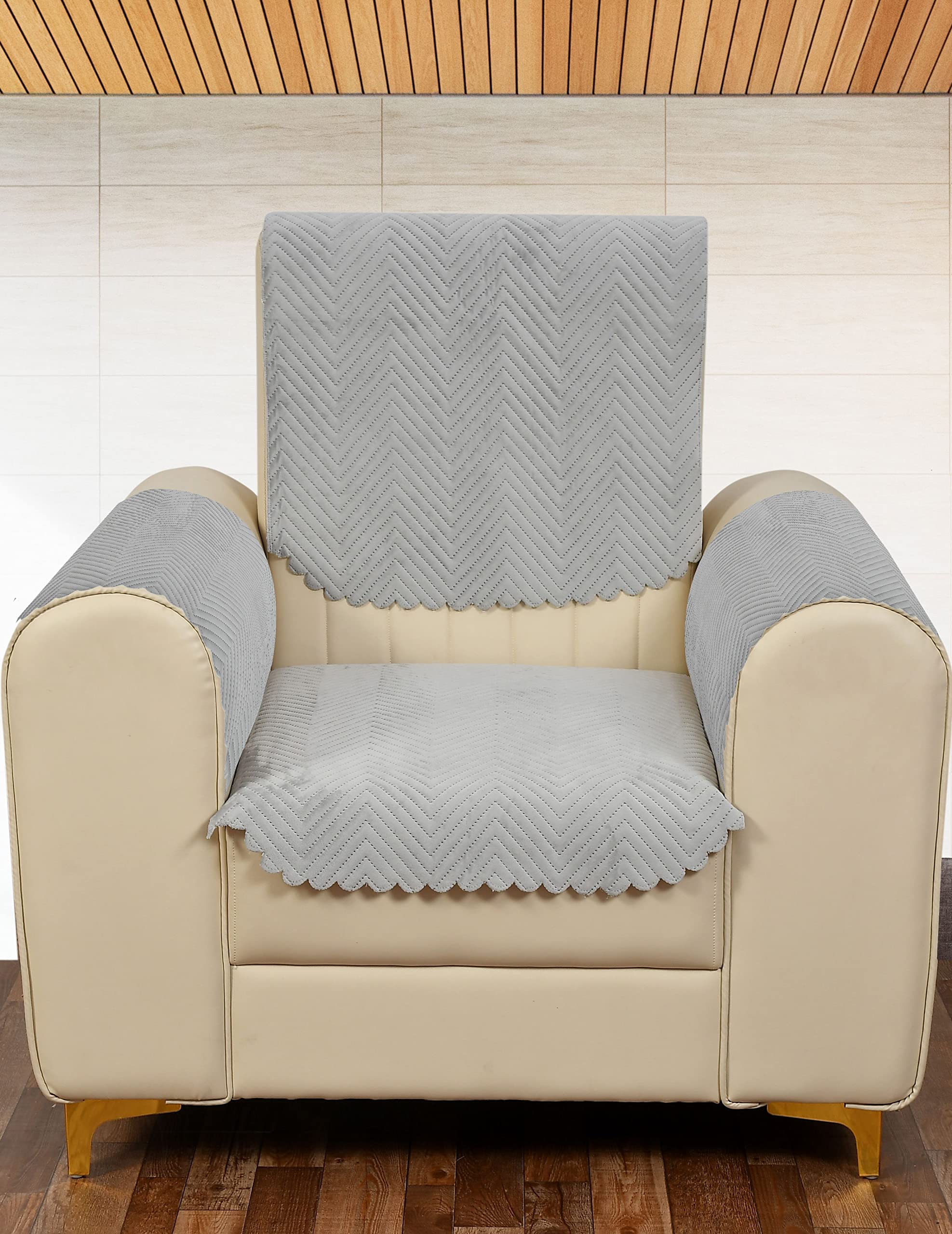 Yellow Weaves 1 Seater Quilted Sofa Chair Cover With Arm Cover, Seat & Back Cover, Color - Light Grey, Velvet