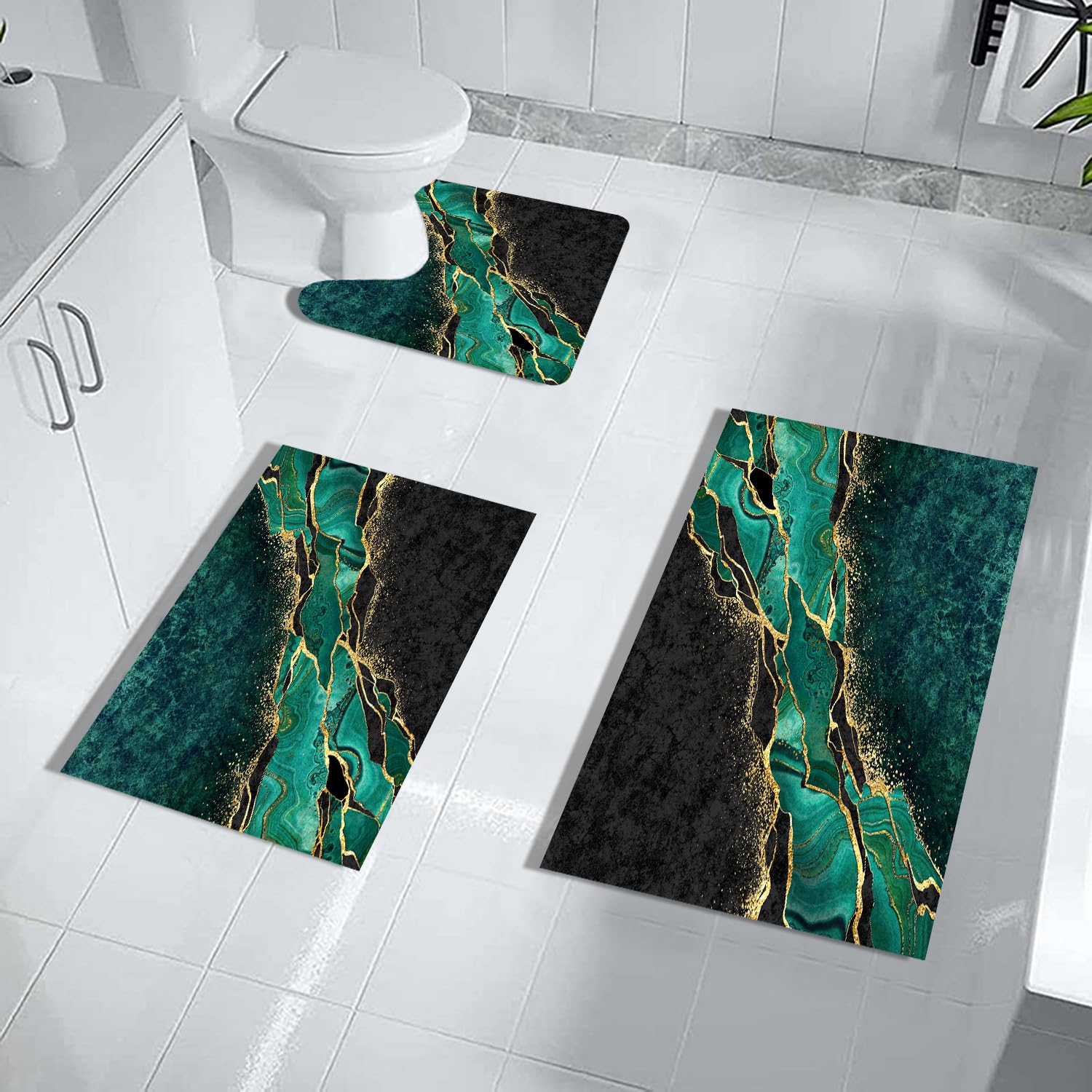 Muginyu Black And Gold Green Bathroom Rugs,Emerald Green Marble Bathroom Kitchen Decor Hunter Dark Green Bathroom Rug Set 3 Piec