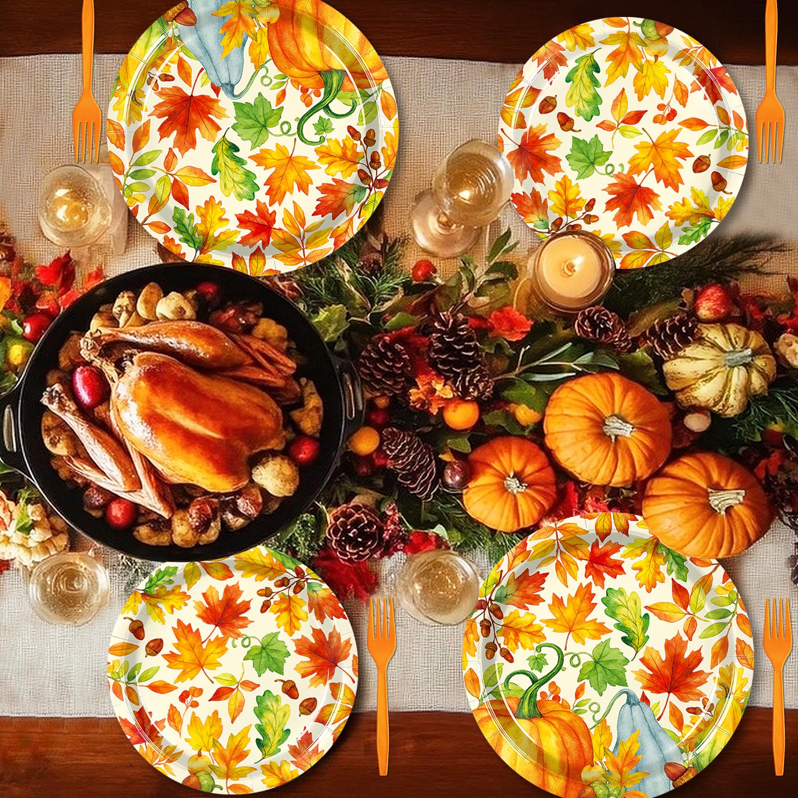 Temicle 96 Pieces Fall Thanksgiving Tableware Set - Pumpkin and Autumn Leaves Disposable Plates, Napkins, and Forks Party Suppli