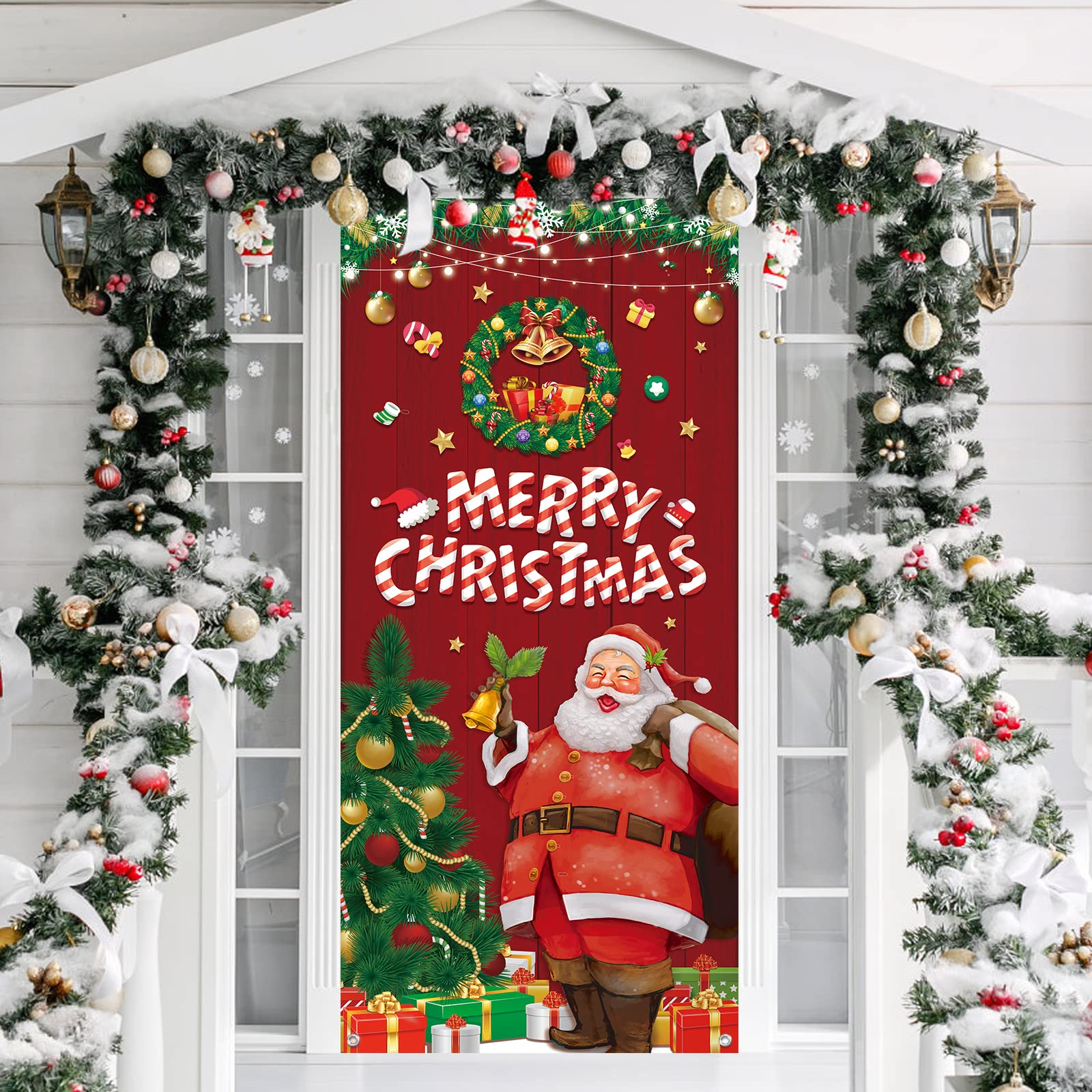 Merry Christmas Door Cover, 78.7  36.6 Inch Large Xmas Door Banner Santa Backdrop Holiday Festival Banner Funny Christmas Party