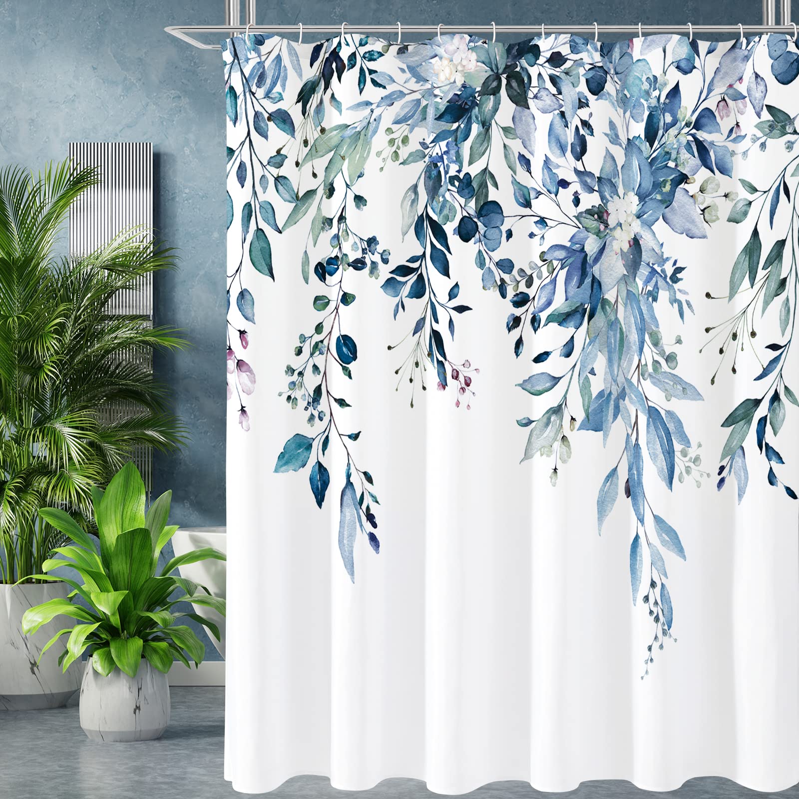 Gibelle Extra Long Shower Curtain 72 X 84, Blue Floral Shower Curtain For Bathroom, Watercolor Plant Eucalyptus Leaves Fabric Sh