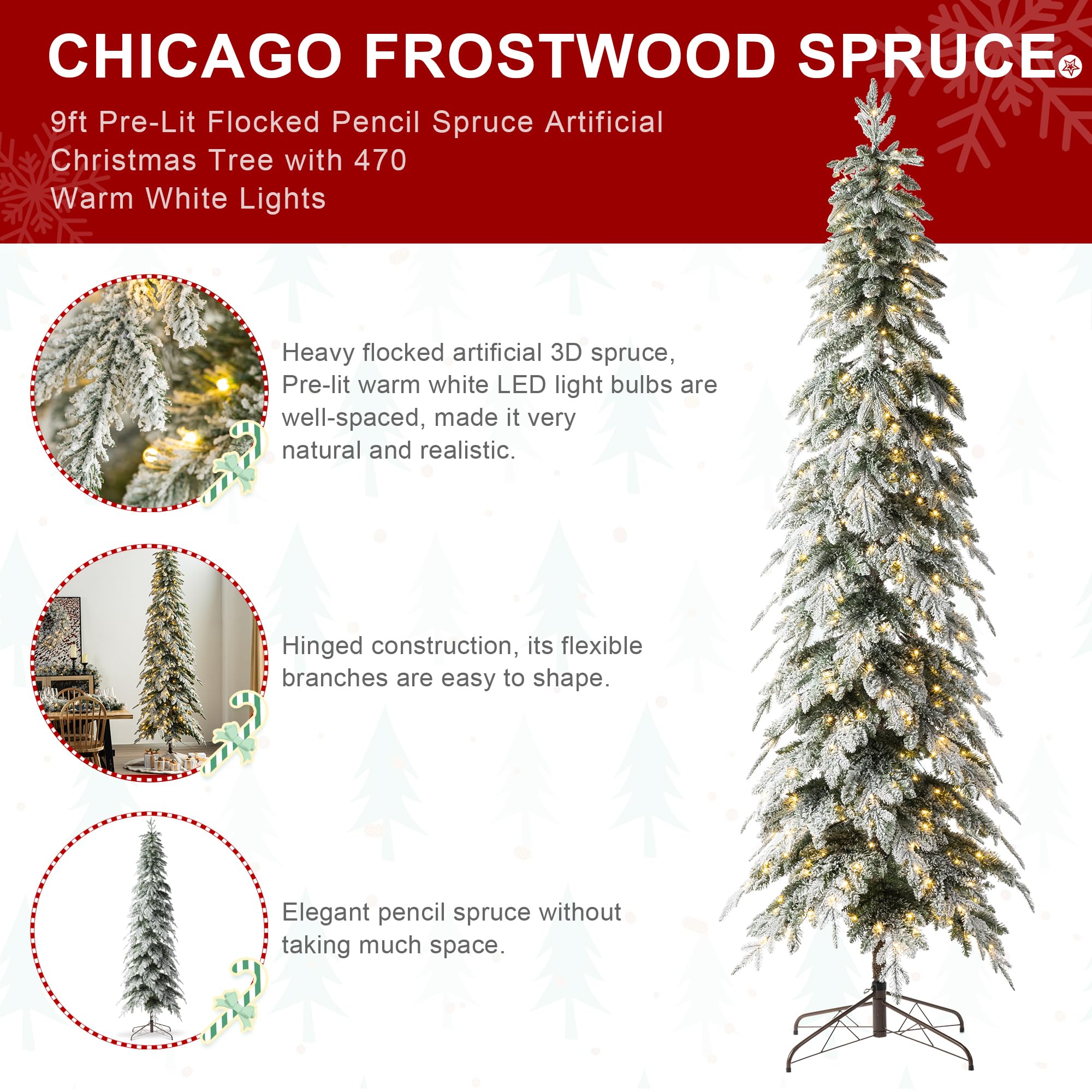 Glitzhome 9ft Prelit Christmas Tree, Artificial Christmas Tree with 470 Warm White Lights, Flocked Pencil Christmas Tree Chicago