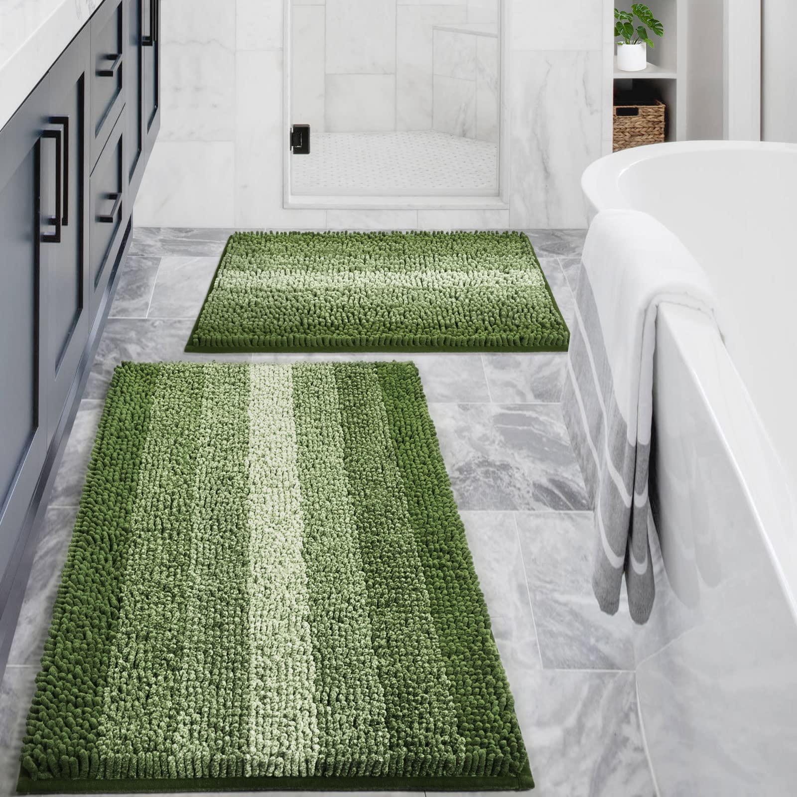 Gibelle Green Bathroom Rug Set 2 Piece, Chenille Non Slip Bath Mat Set, Absorbent Shower Rug And Bath Room Floor Mats, Quick Dry