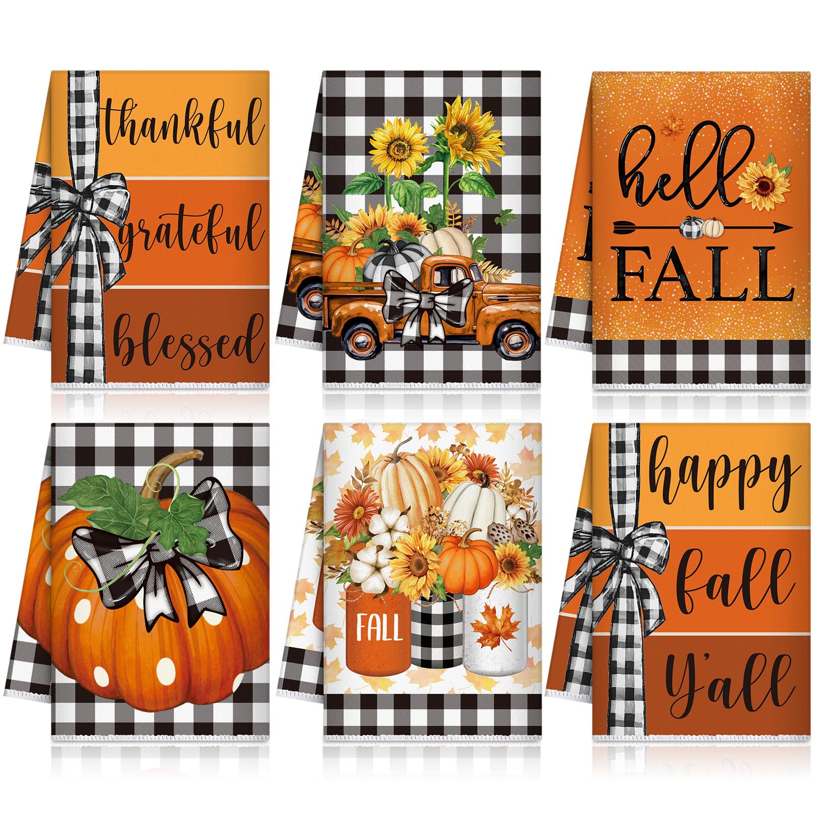 Windkream 6 Pieces Thanksgiving Kitchen Towels Pumpkin Dish Towels Buffalo Plaid Bathroom Hand Towels 21.26 x 14.17 Inches Autum