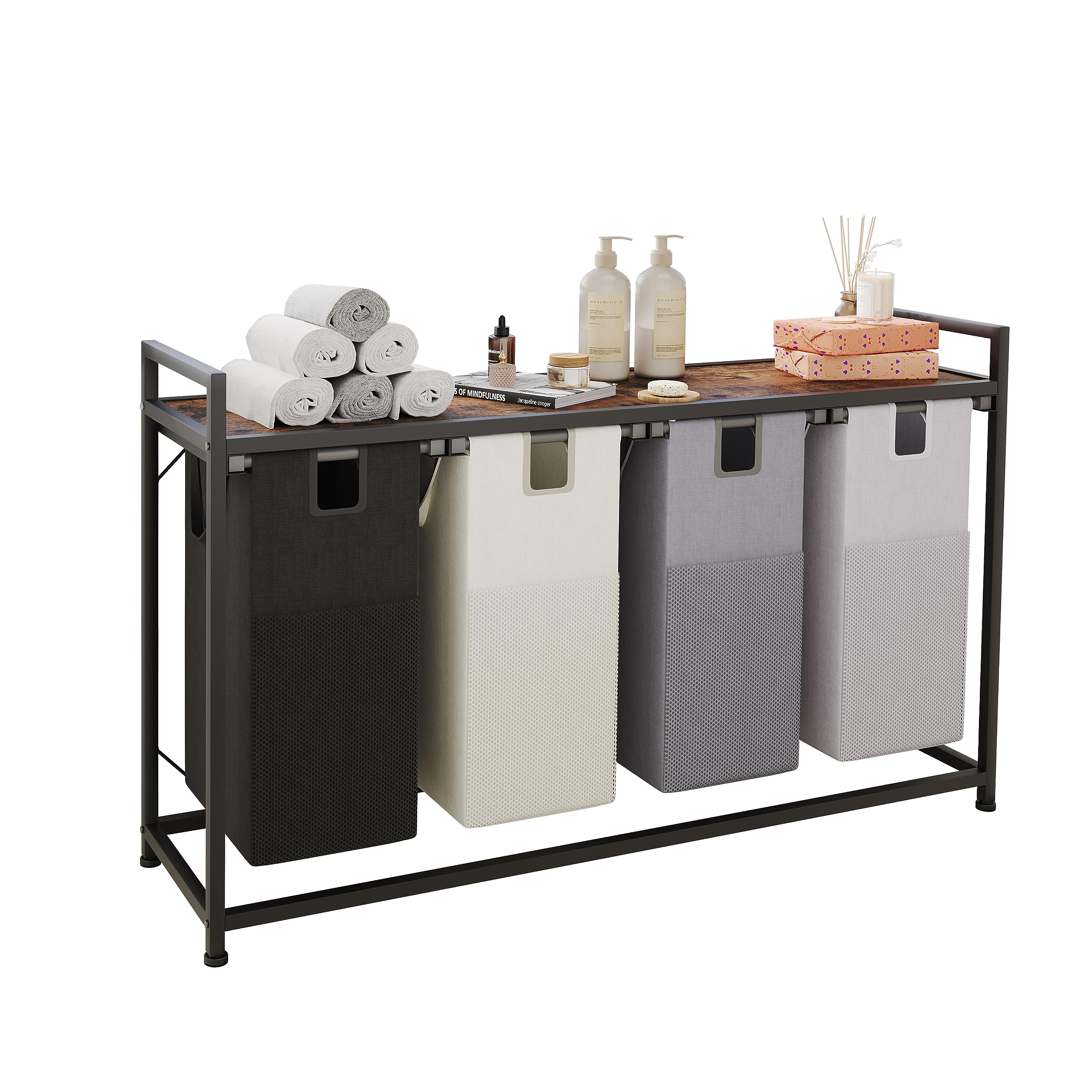 Livehom Laundry Basket Four Laundry Hamper With Removable Bags, Fabric Handles, Large Top Shelf And Laundry Bag For Bathroom, Do