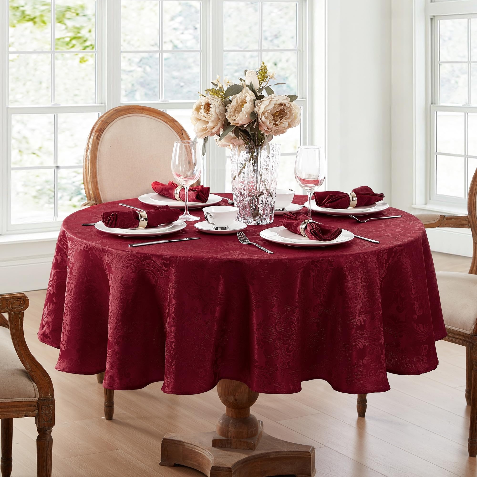 Elrene Home Fashions Caiden Elegance Damask Waterproof, Stain & Wrinkle Resistant Fabric Tablecloth, 70 Round, Cranberry