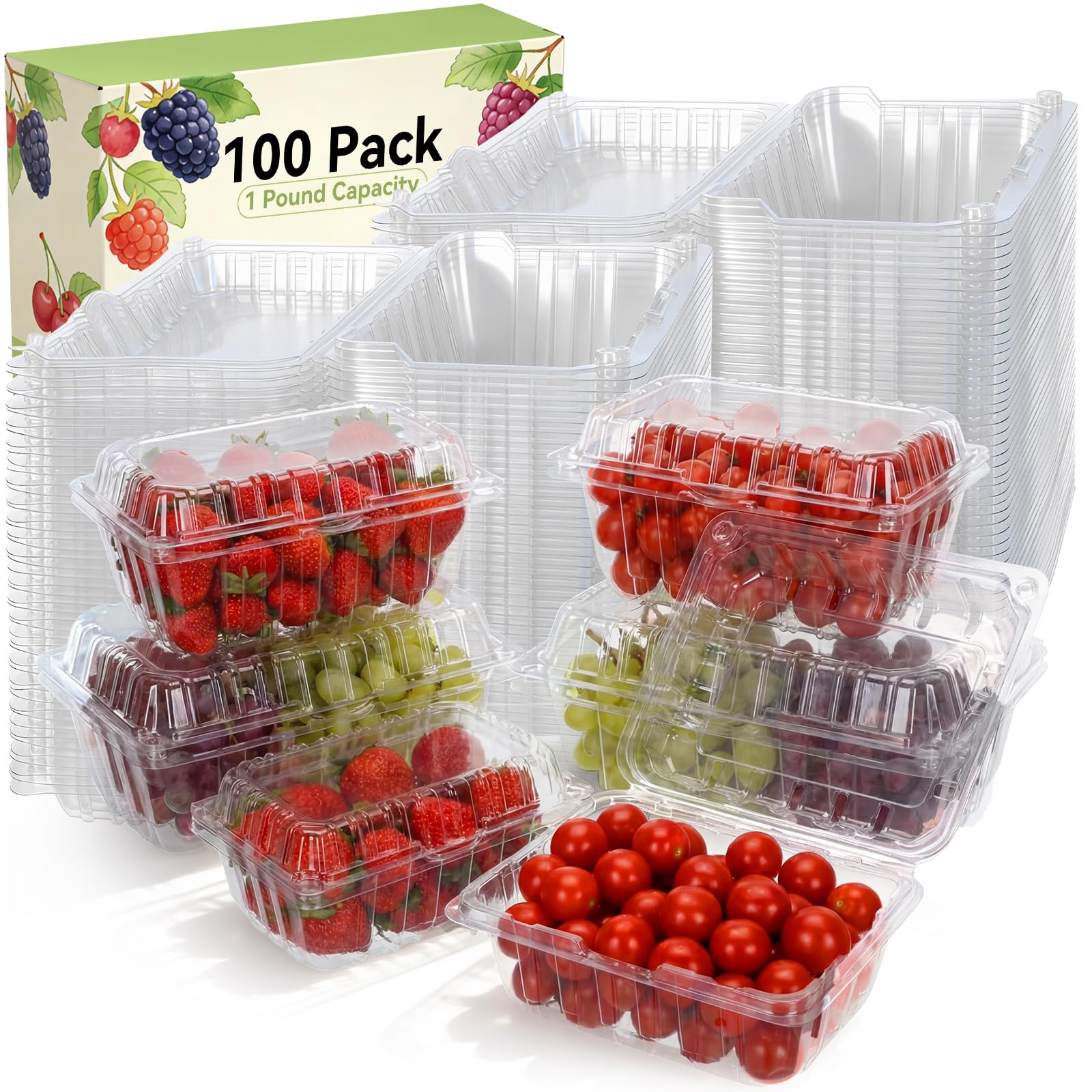 Qinyoung 100 Pack Berry Containers 1 lb Plastic Strawberry Basket with Lids