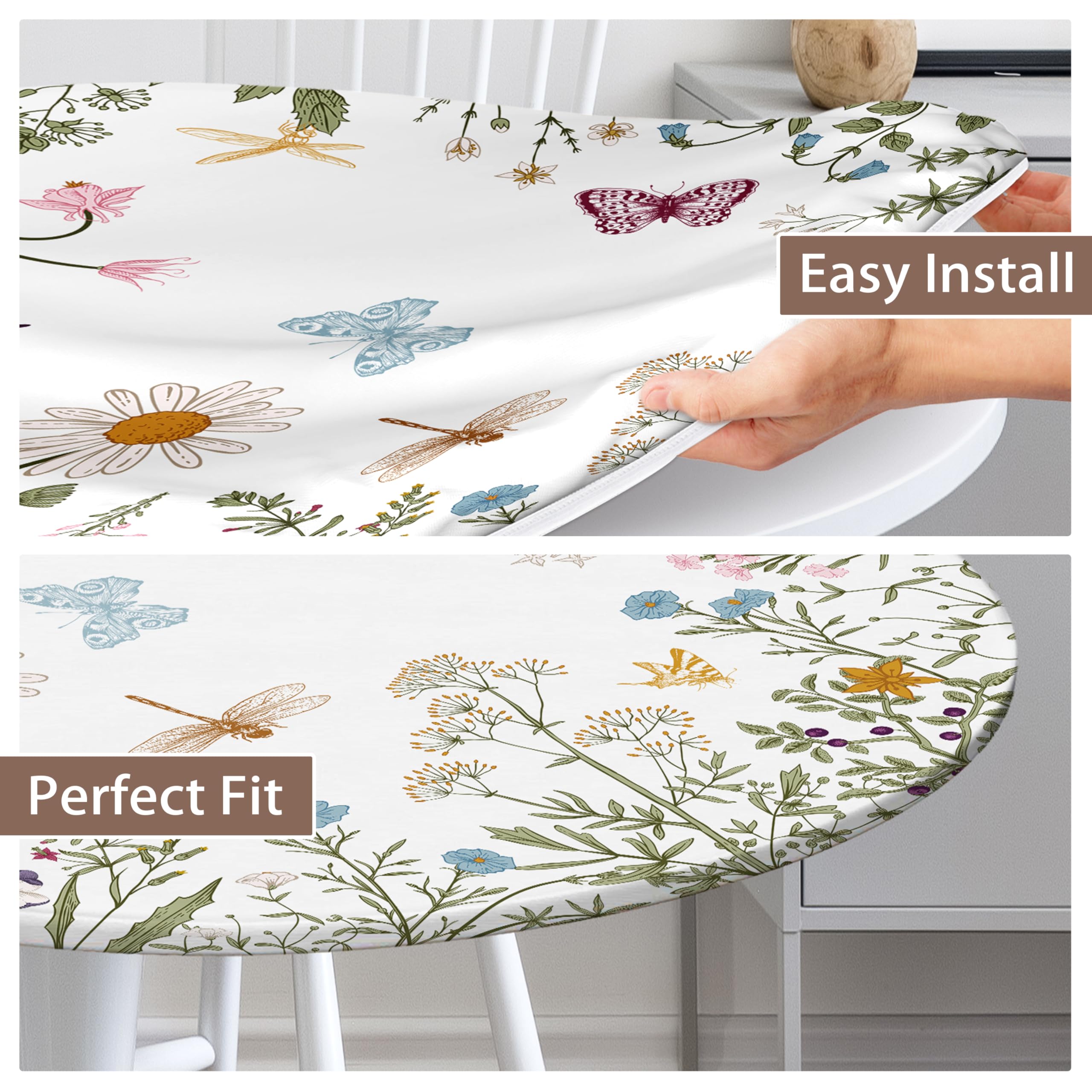 Spring Flower Round Fitted Tablecloth With Elastic Edge Wipeable Round Table Cloth Waterproof Reusable Outdoor Round Table Cover