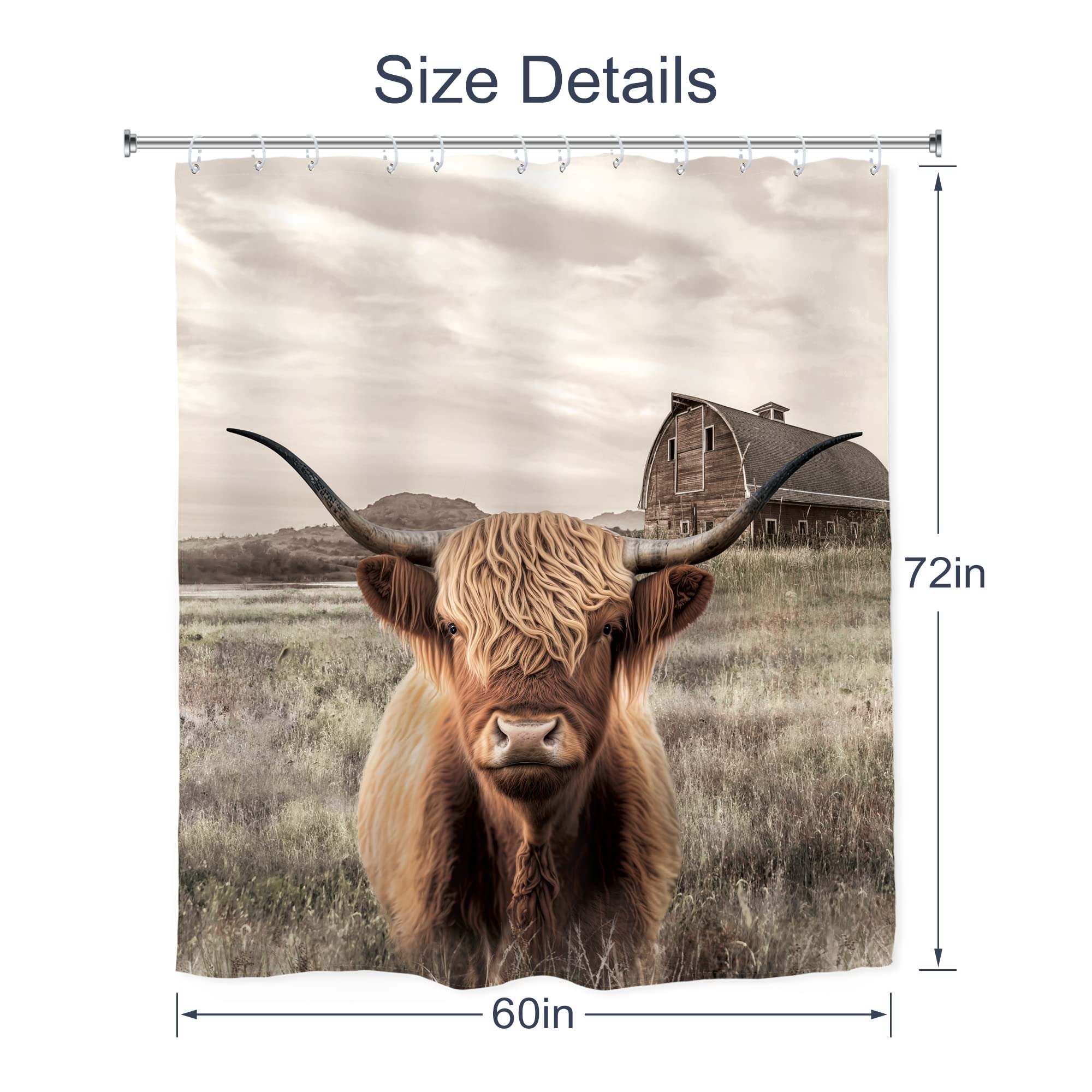 AMBZEK Highland Cow Farmhouse Shower Curtain 60Wx72L Inch Rustic Bull Western Farm Animal Country Longhorn Texas Artwork Cloth Fabric Waterproof Polyester Bathroom Decor Set with 12 Pack Hooks