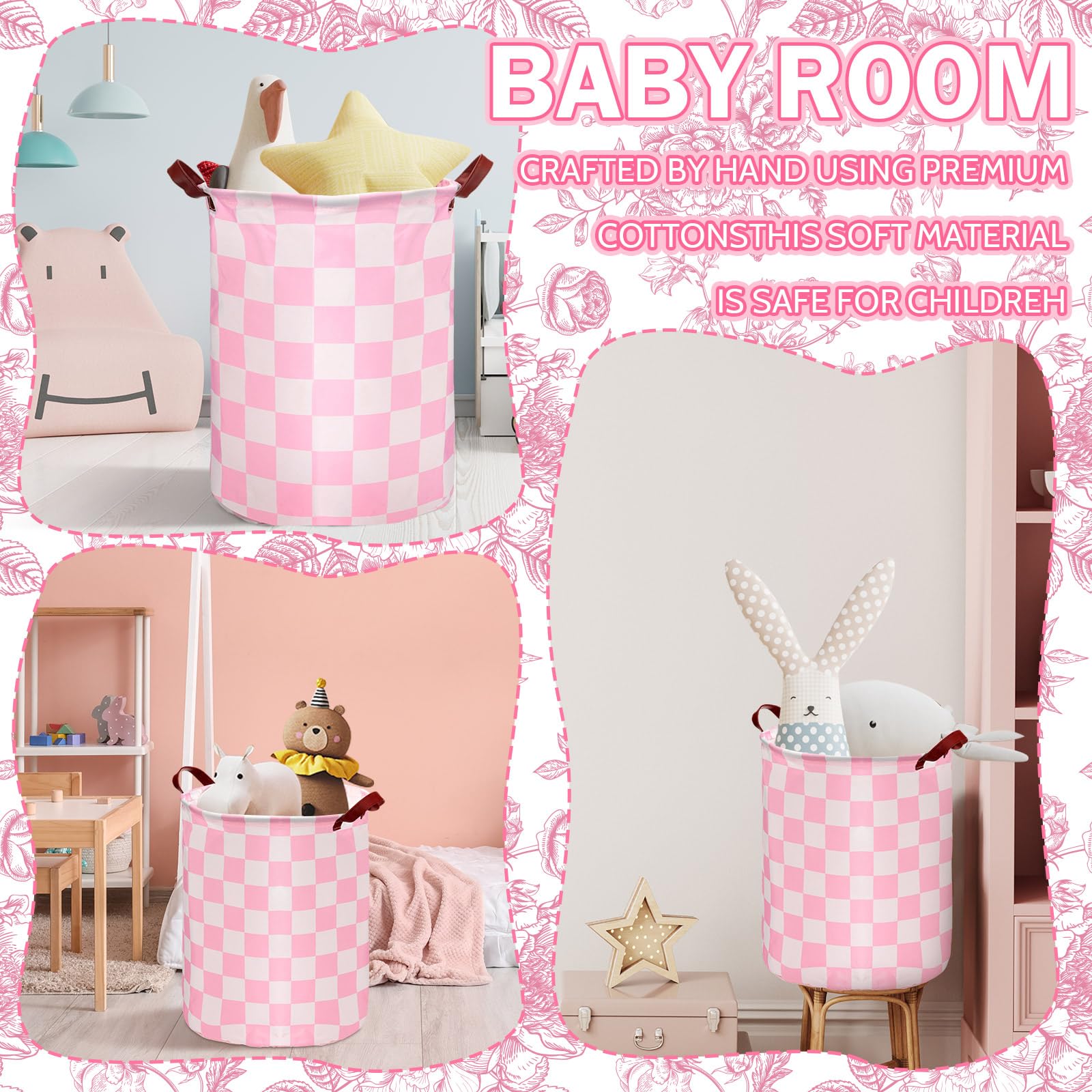 Croblissful 2 Pcs Pink Gingham Laundry Basket Checked Storage Basket For Girls Nursery Hamper With Handles Foldable Waterproof C