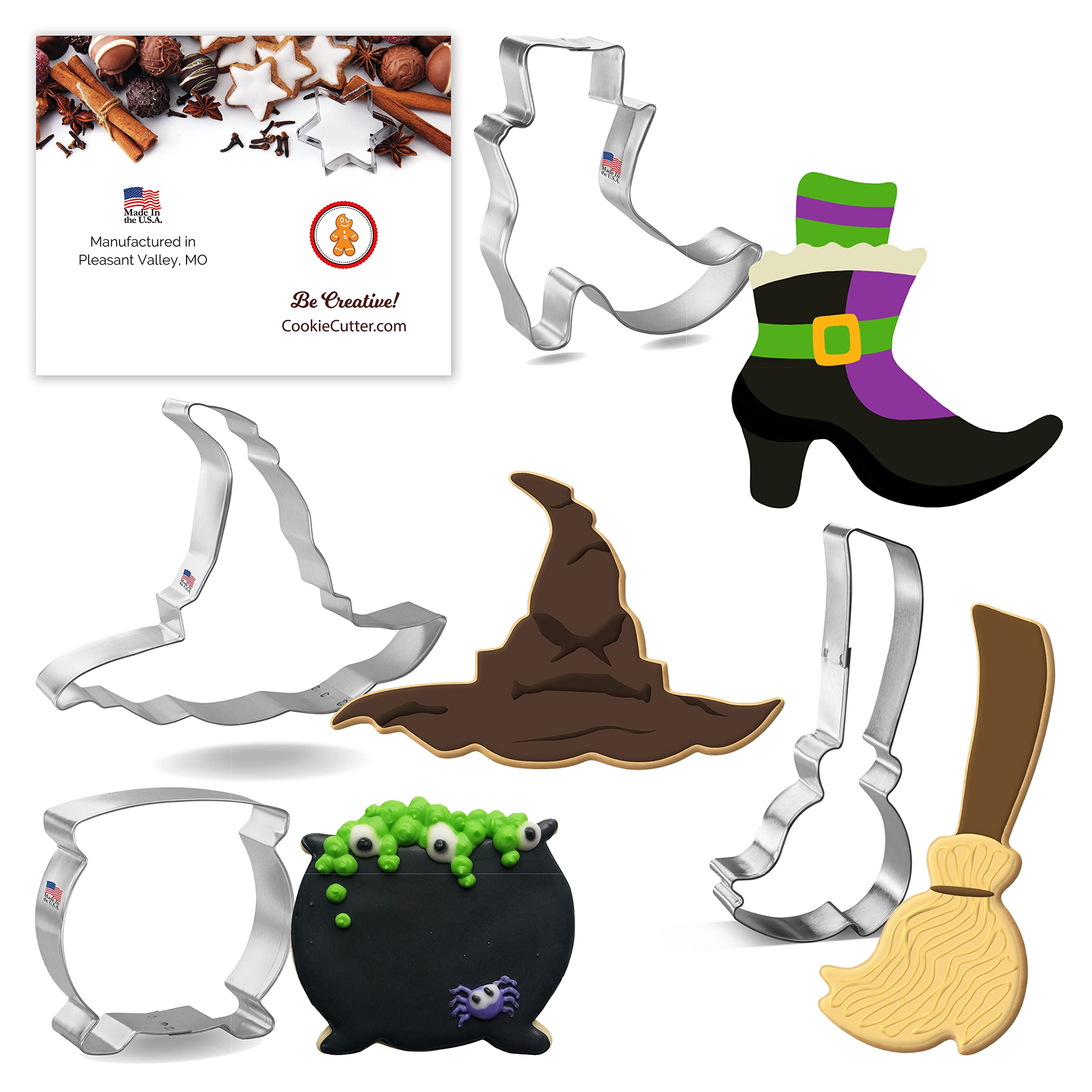 Foose Halloween Witch Cookie Cutter 4 Pc Set With Recipe Card, Made In Usa - Witch Broom 5 In, Witch Hat 5 In, Cauldron 3 In, Wi