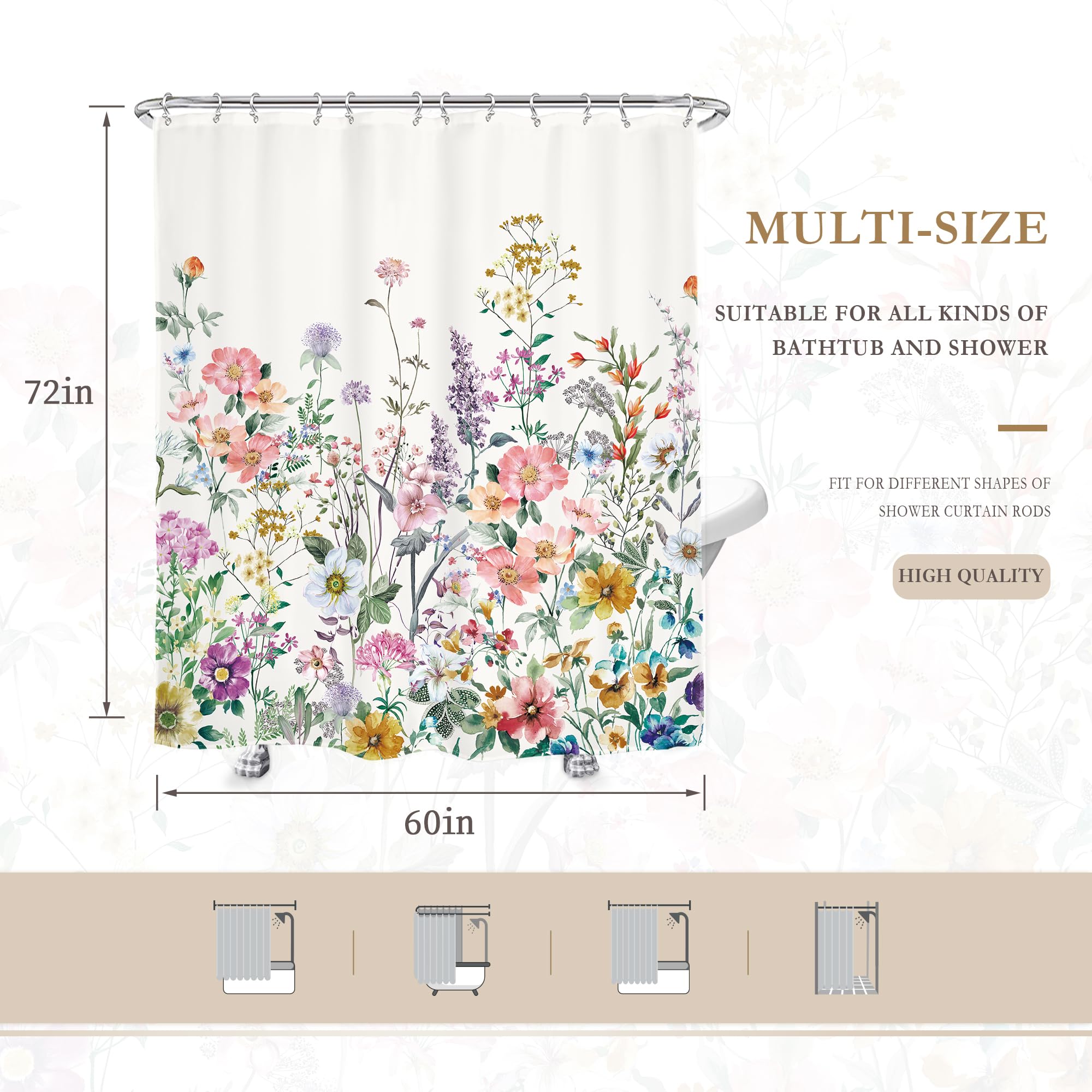 Glawry Spring Cool Wildflowers Shower Curtain 60Wx72L Inches Watercolor Lavender Purple Lilac Floral Green Leaf Botanical Bathro