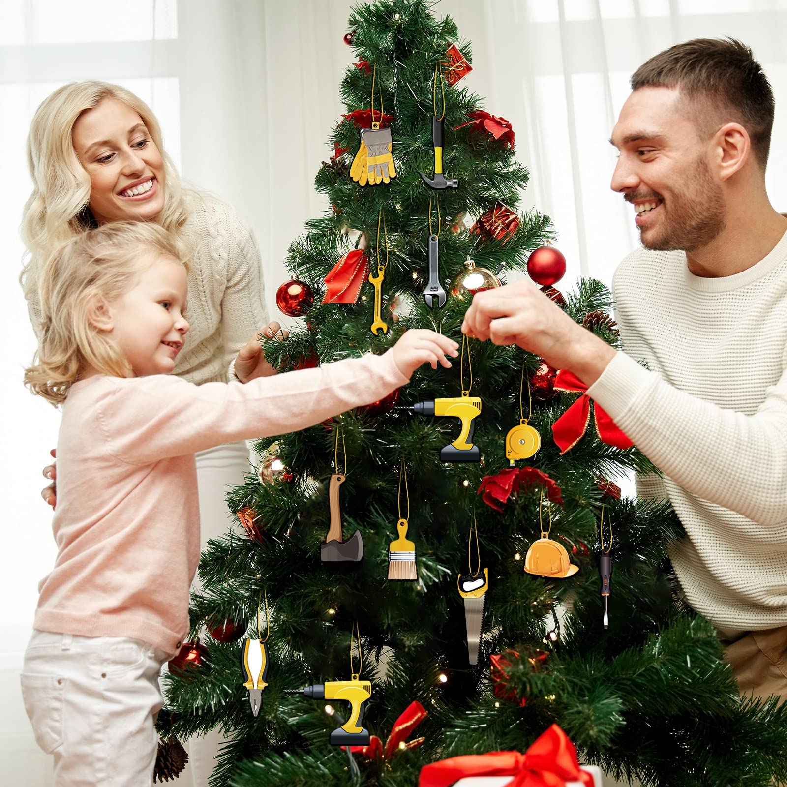 Lauwell 60 Pcs Construction Christmas Tree Ornament Handyman Tool Wooden Christmas Hanging Decoration Wood Axe Pliers Hammer Har