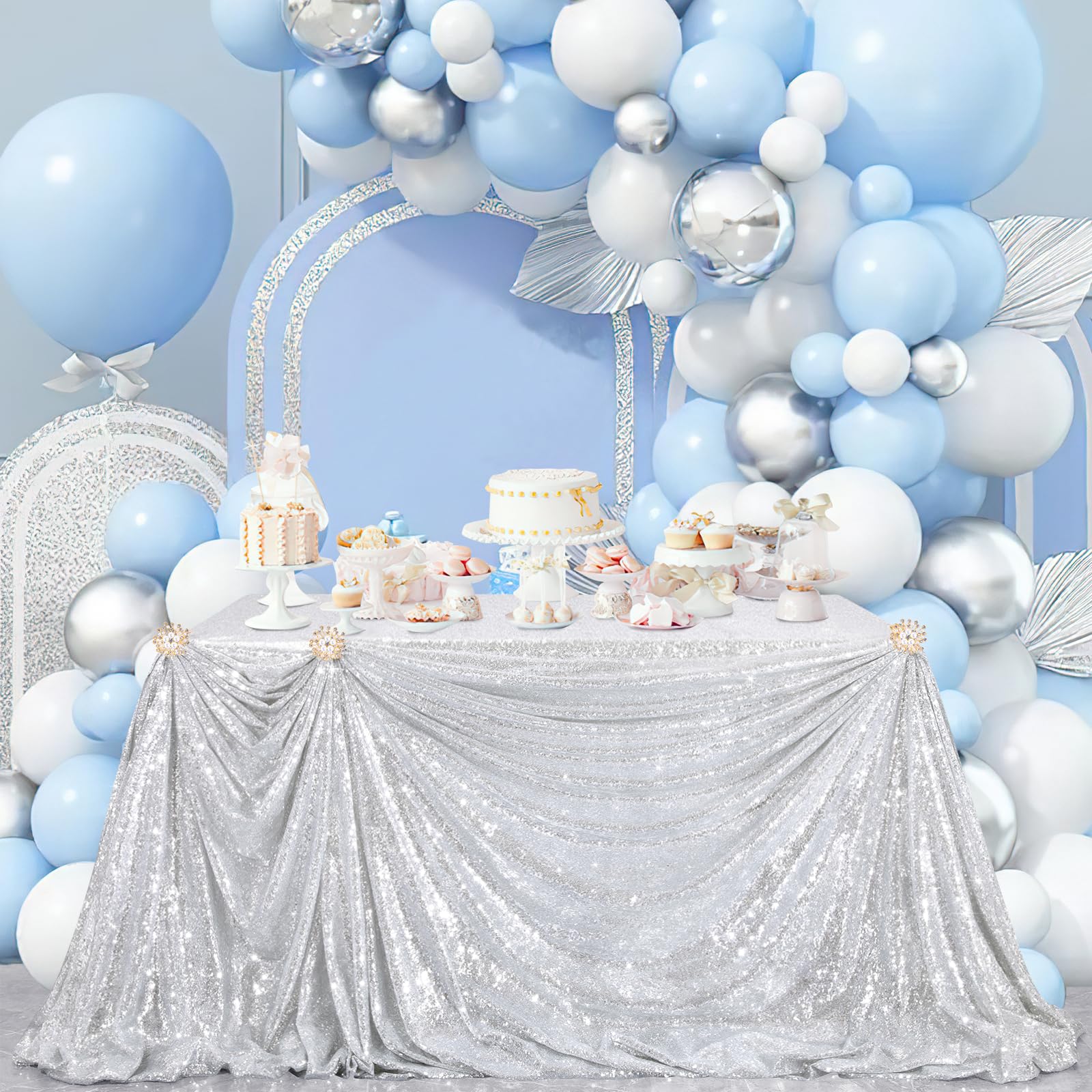 B-Cool Glitter Tablecloth Silver Sequin Tablecloth Christmas 90X132 Inch Rectangle Sequin Overlay Sparkly Table Cloth Sequin Fab