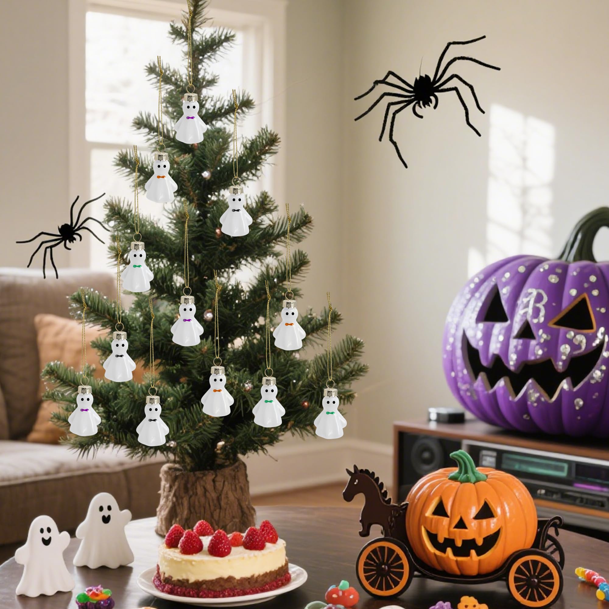 Watayo 12 Pcs Halloween Hanging Ghosts Glass Ornaments, 1.8  x 1.3  Small Ghosts Pendant Tree Decorations, Farmhouse Rustic Glas