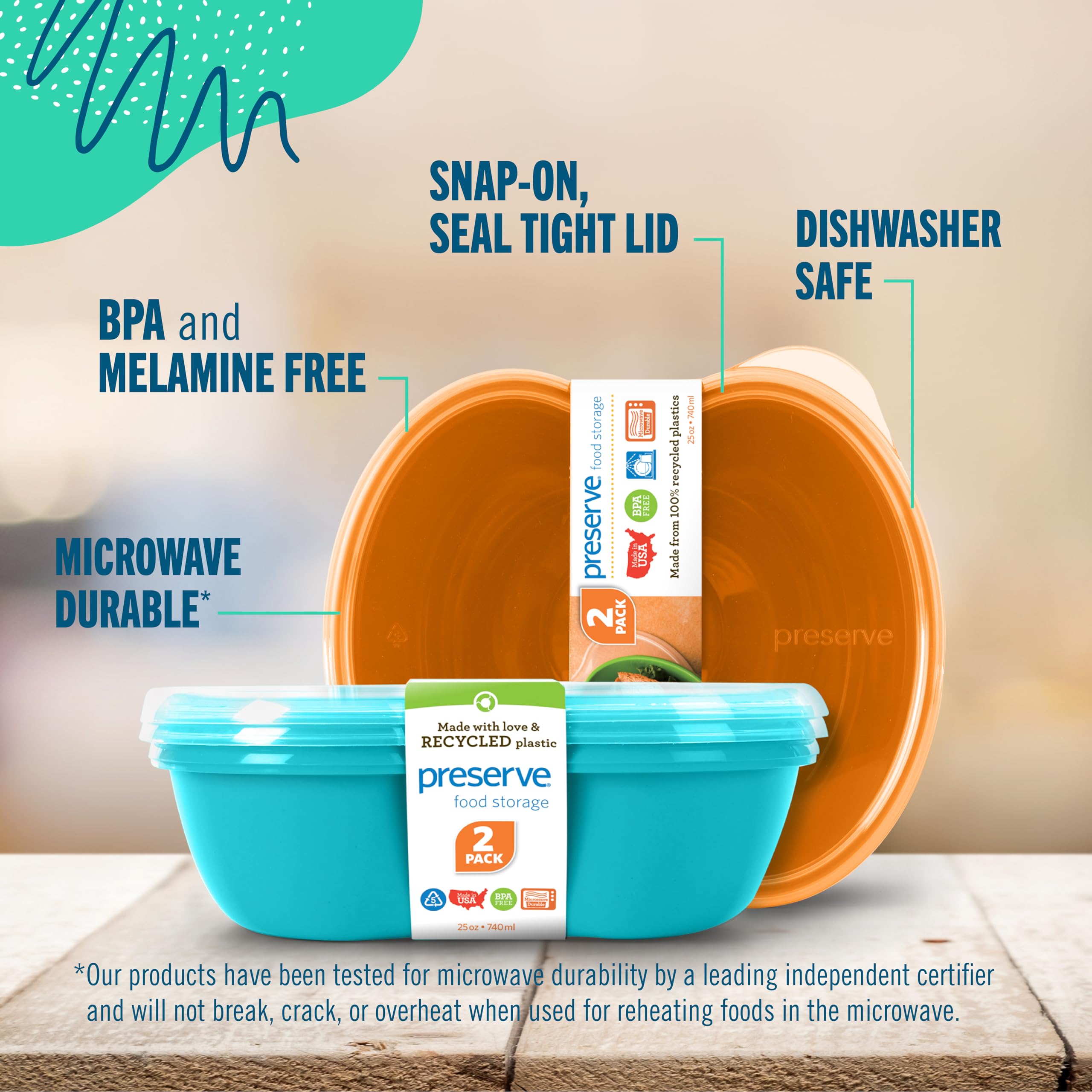 Preserve Square Food Storage Container Made From Recycled Plastic, 25 Ounce Capacity, Set Of 2, Orange