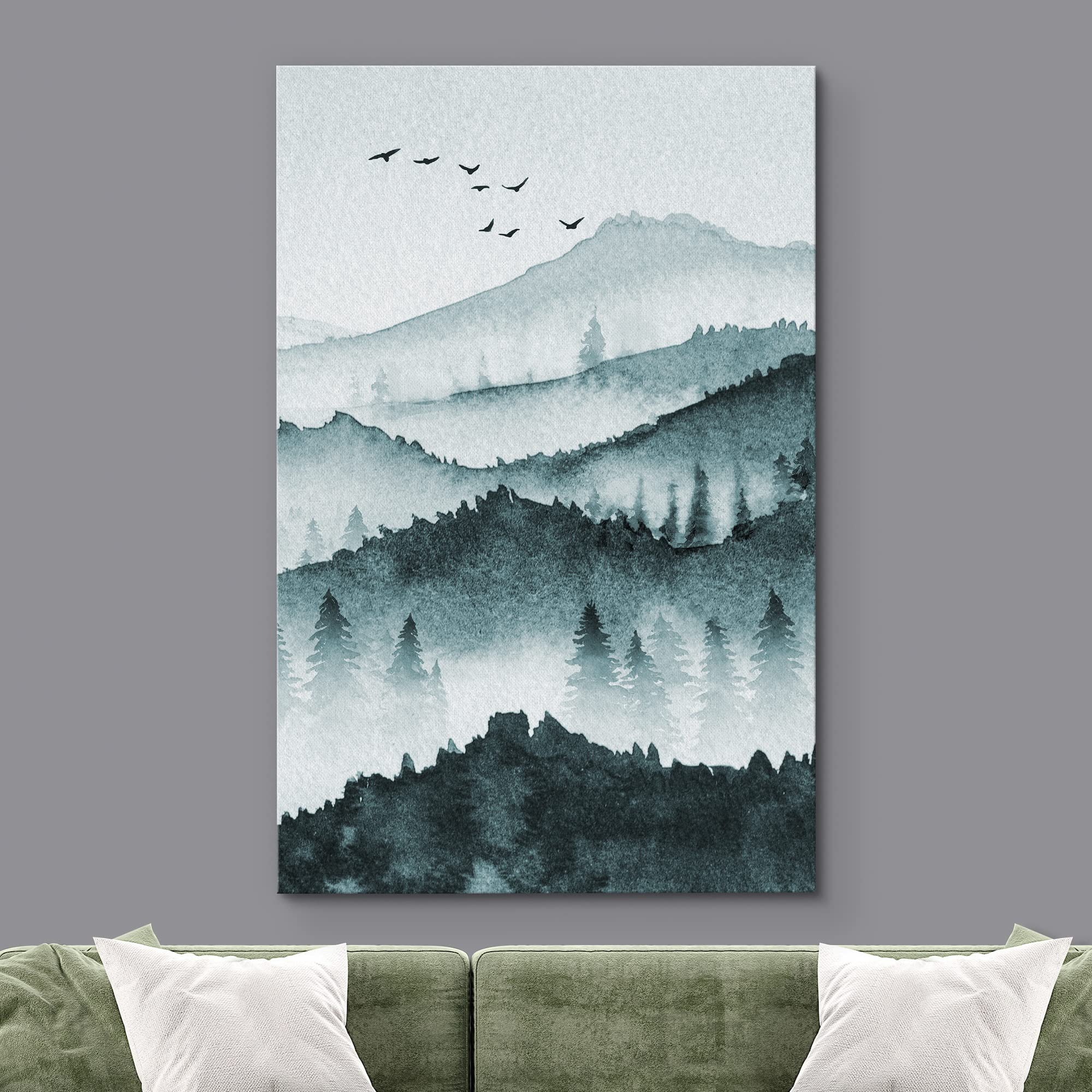 Signwin Canvas Print Wall Art Woodland Nursery Decor Birds Flying Watercolor Mountain Forest Nature Illustrations Modern Art Dec