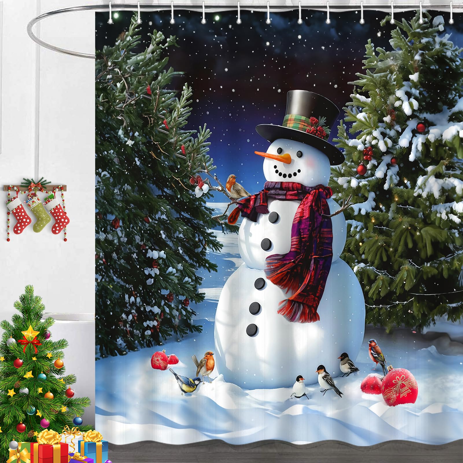 Itapnoom Winter Snowman Shower Curtains, Merry Christmas Trees Gift Cute Happy Little Birds White Snowflake Outdoor, Waterproof