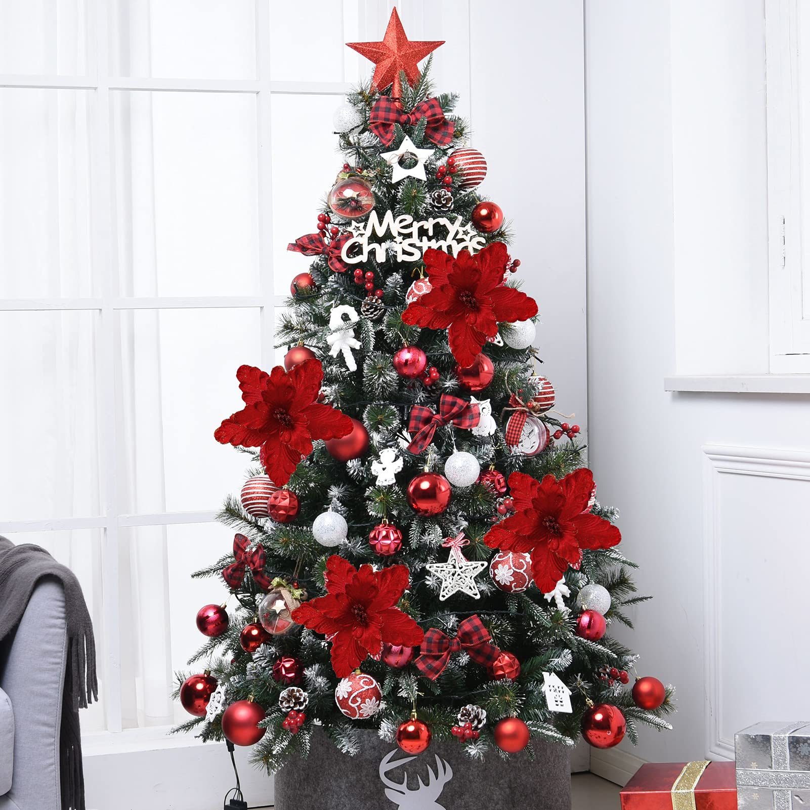 GreenHouzz 10 Pcs Large Poinsettias Christmas Tree Flower Glitter Silk Flower Picks Ornaments for Wreath Garland Wedding Decorat