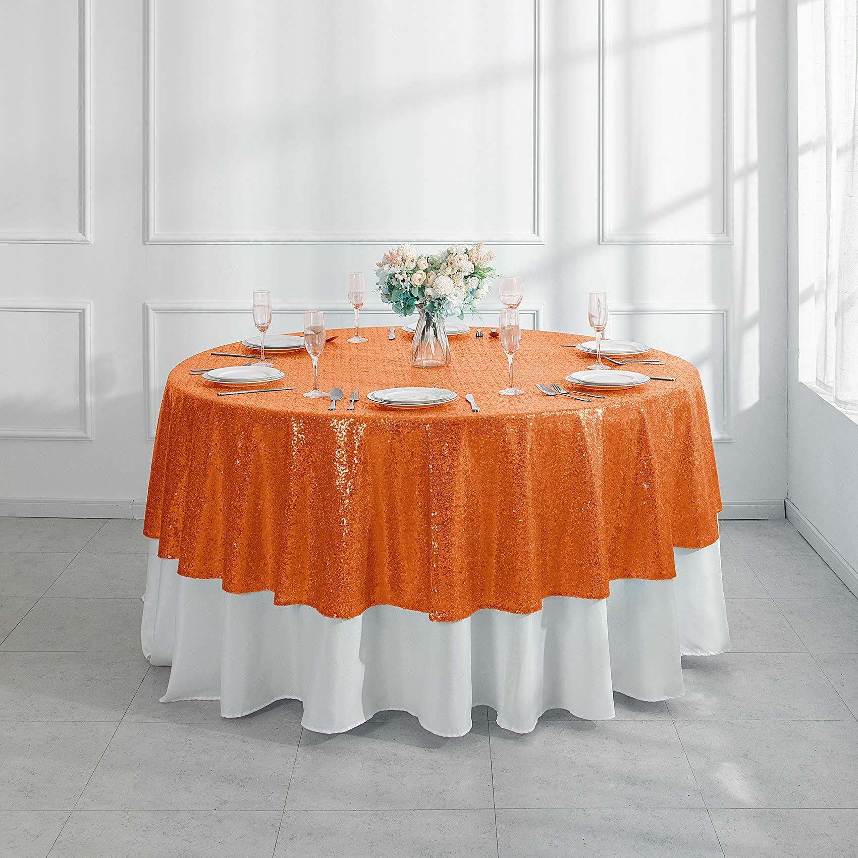Pufogu 50'' Round Orange Sequin Tablecloth Glitter Orange Table Cloths for Birthday Wedding Bridal Baby Shower Party Decorations