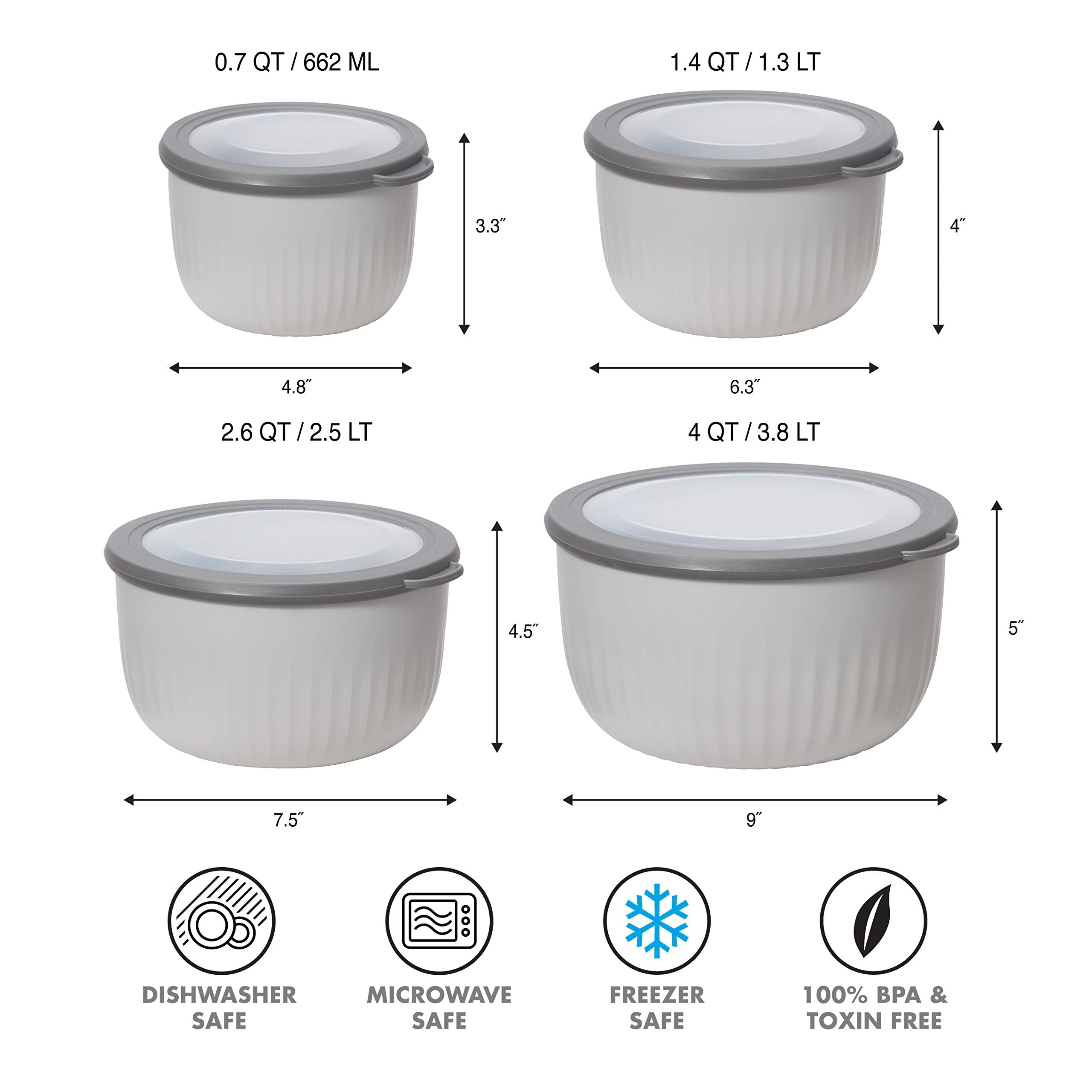 Oggi Prep, Store & Serve Plastic Bowl W/See-Thru Lid- Dishwasher, Microwave & Freezer Safe, (0.7 Qt) Lt Gray W/Dk Gray Lid