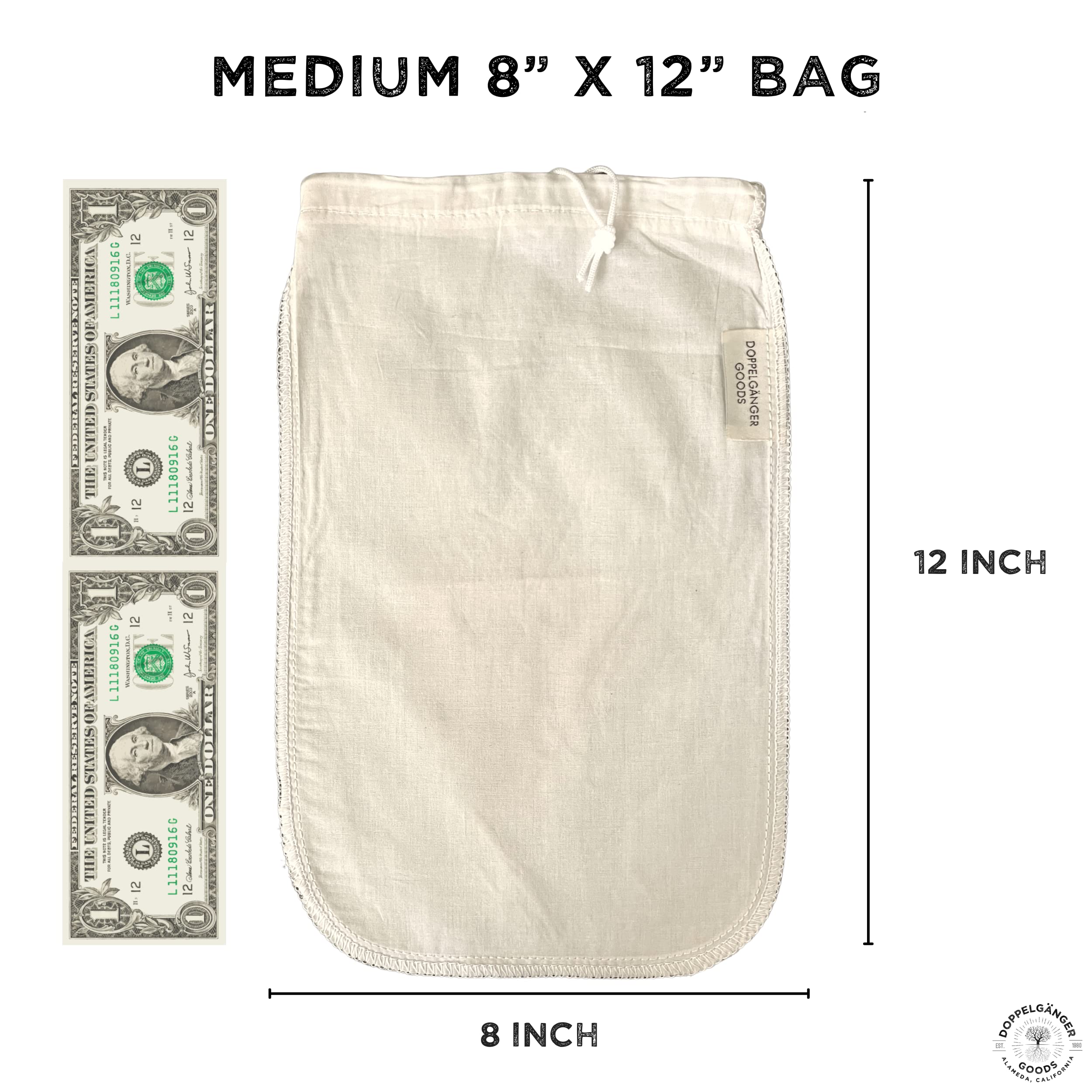 (1-Pack, Medium 8In X 12In) Organic Cotton Cold Brew Coffee Bag - Designed In California - Reusable Coffee Filter With Easyopen