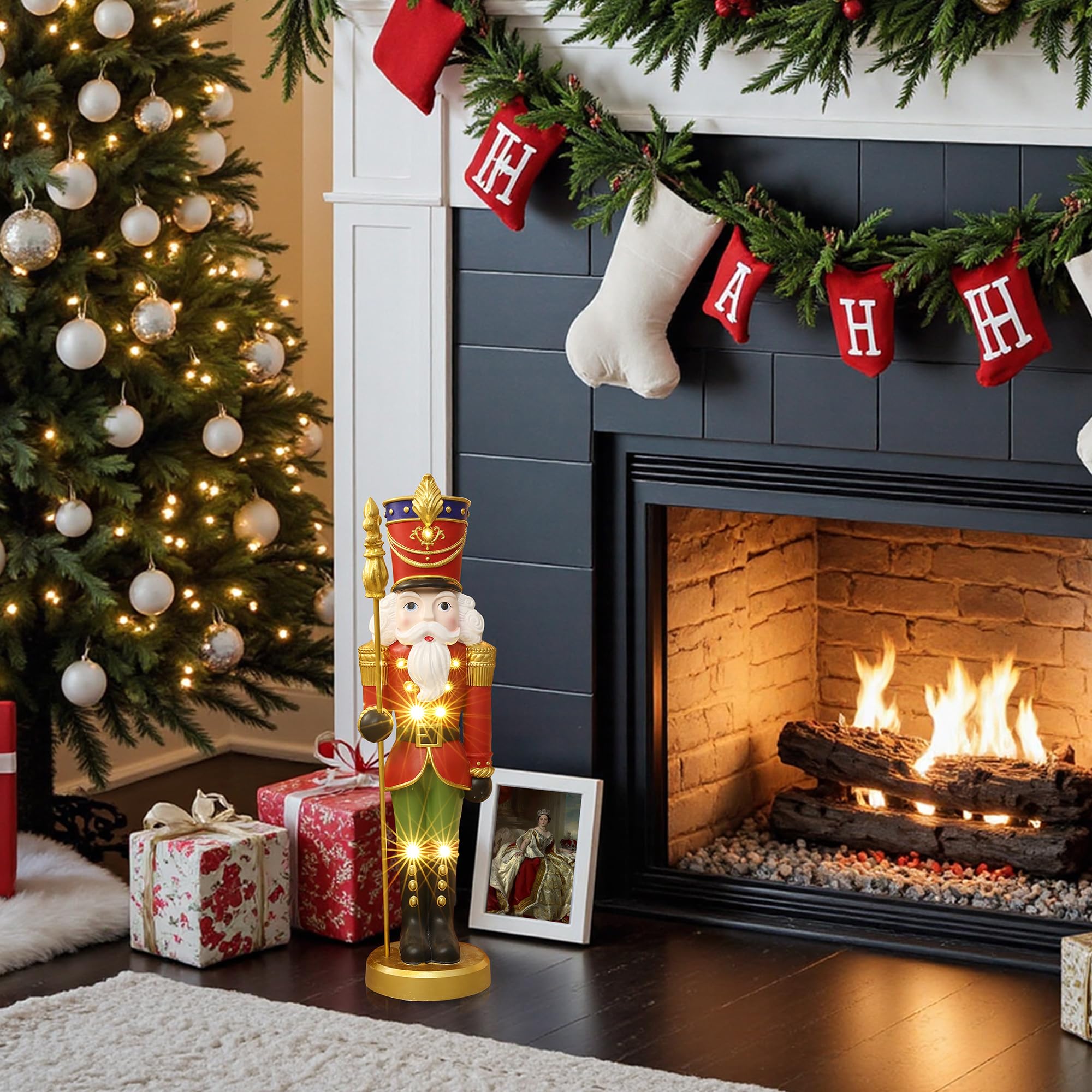 LuxenHome 2FT Tall Nutcracker Christmas Decoration, Lighted Holiday Nutcracker Soldier Statue with Black Belt and Scepter, Chris