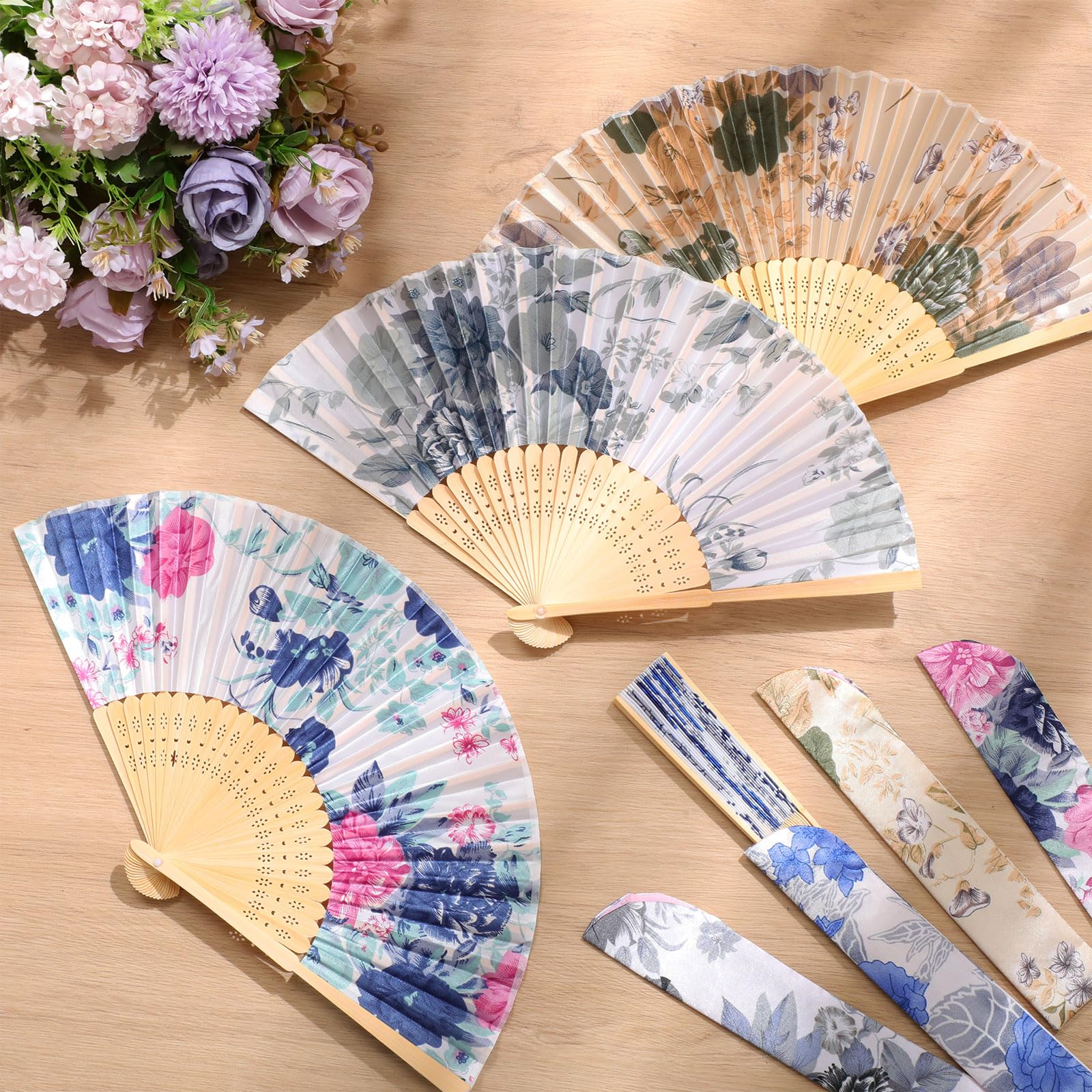 Zonon 4 Pack Handheld Floral Folding Fans Hand Held Silk Bamboo Fans with Tassel Women Hollowed Hand Foldable Fan with Fabric Sl