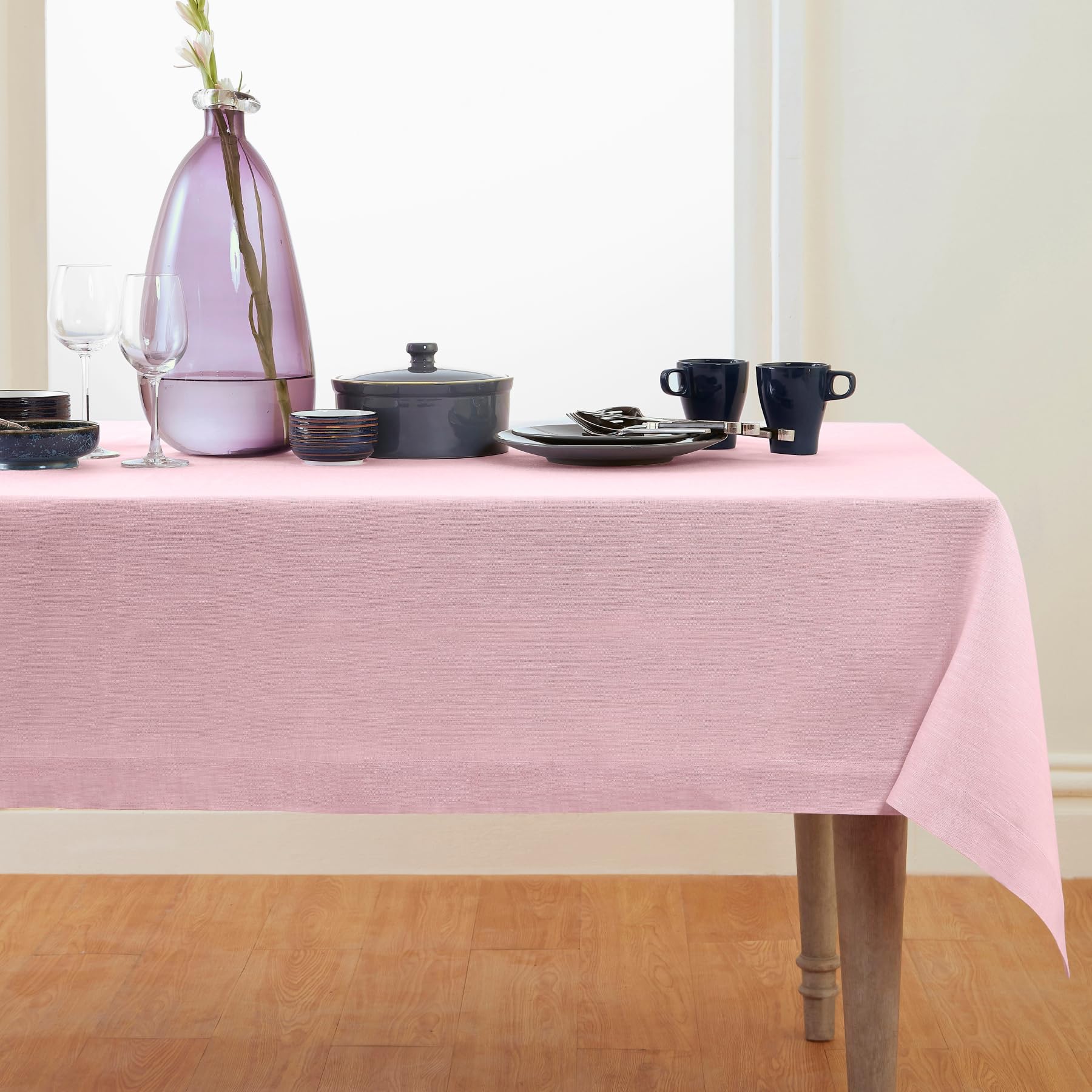 Solino Home Linen Tablecloth 108 L x 60 W Inch - 100% Pure Linen Bubblegum Pink Table Cloth for Rectangle Tables - Athena, Machi