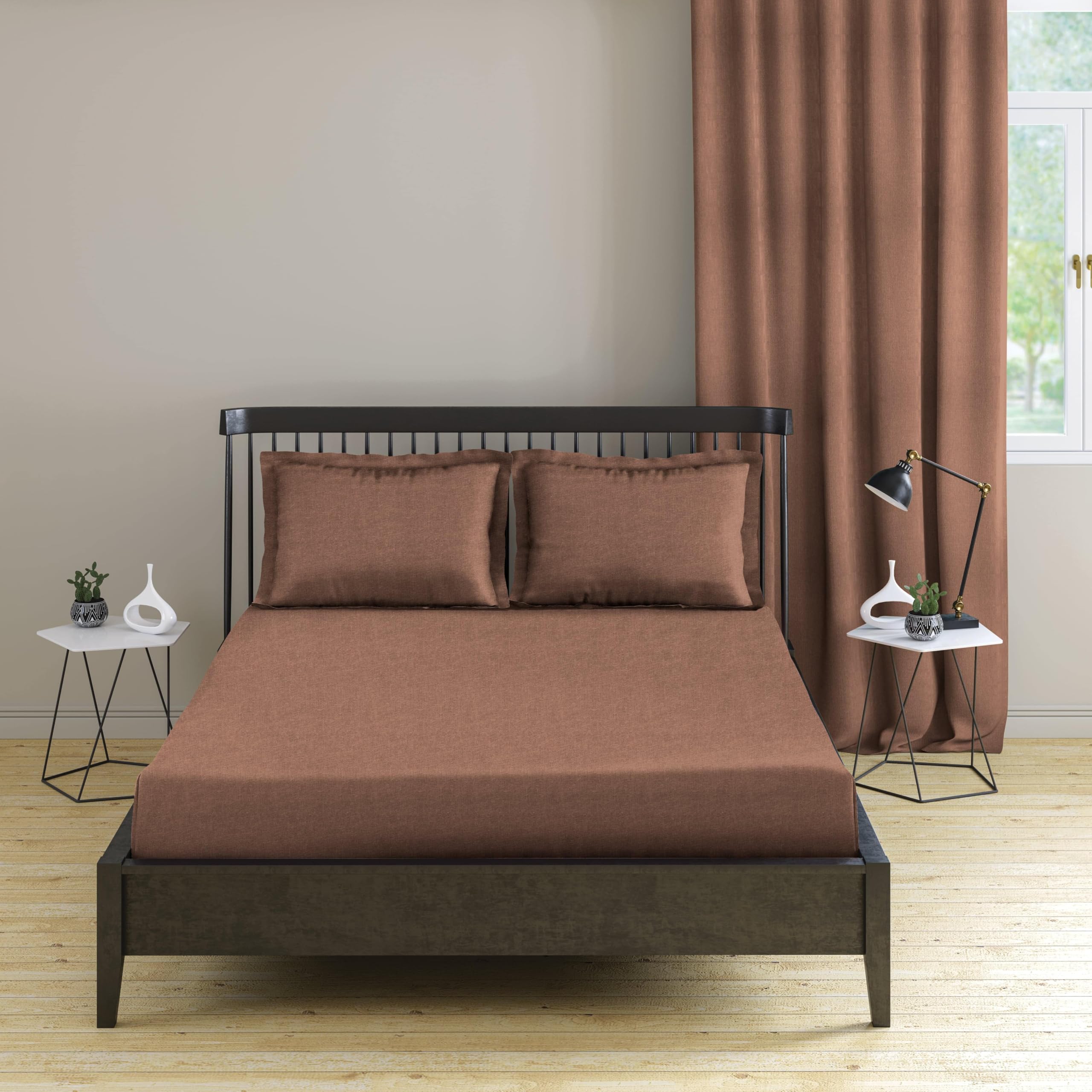 Trance Home Linen Cotton Bedsheet | 144 Tc Thin Flat Bedsheet | Queen Bed Sheet For Regular Use With 2 Pillow Cover - Chocolate 