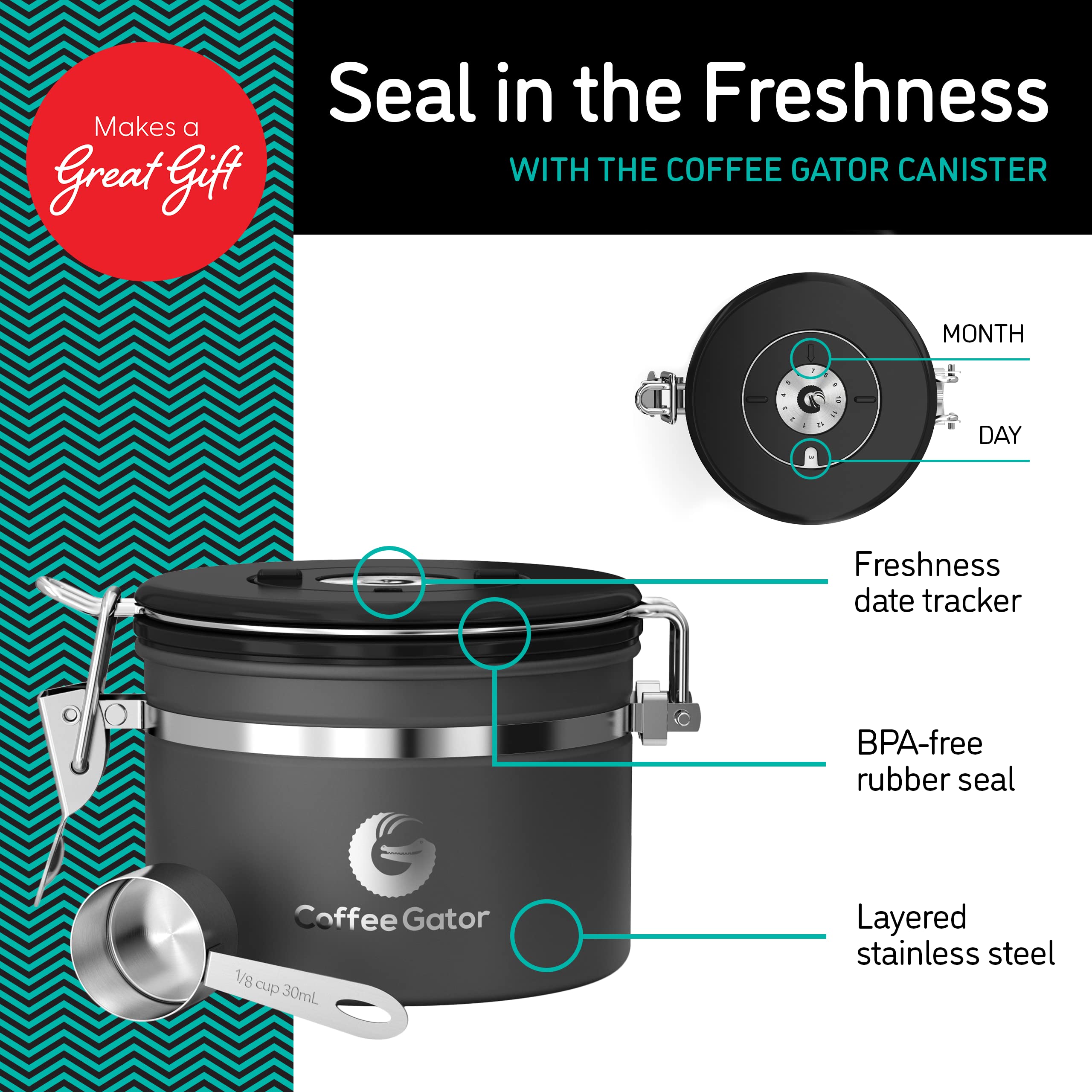 Coffee Gator Stainless Steel Canister - Small 11Oz, Silver Coffee Grounds And Beans Container With Date-Tracker, Co2-Release Val