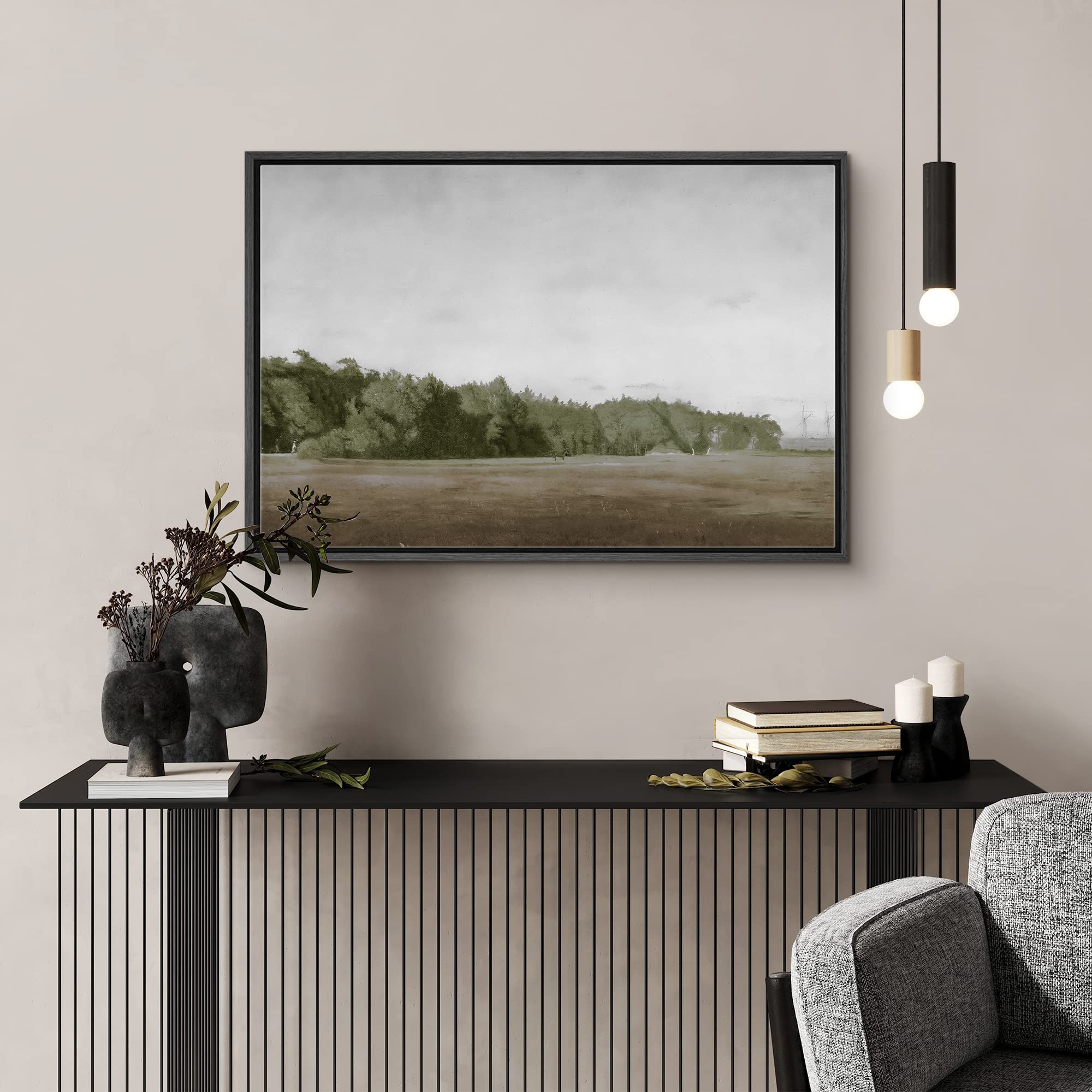 Signford Framed Canvas Wall Art Brown Meadow With Green Forest Landscape Wilderness Oil Painting Impressionism Traditional Sceni