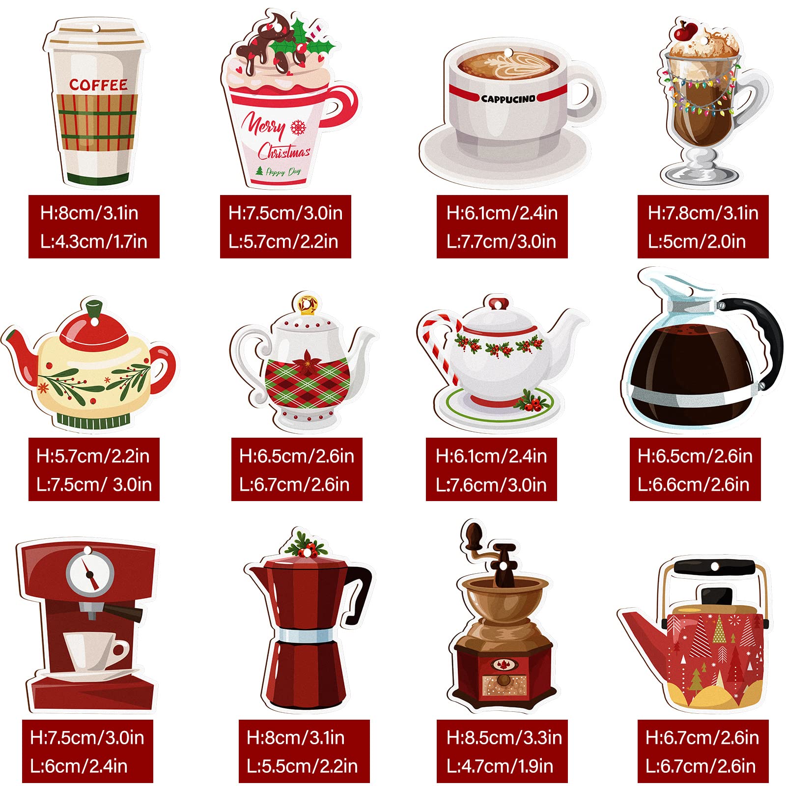 12 Pieces Christmas Coffee Cup and Tea Hanging Wood Cutouts Decoration Ornament for Xmas Tree Party Holiday Home Decor (Cups Sty