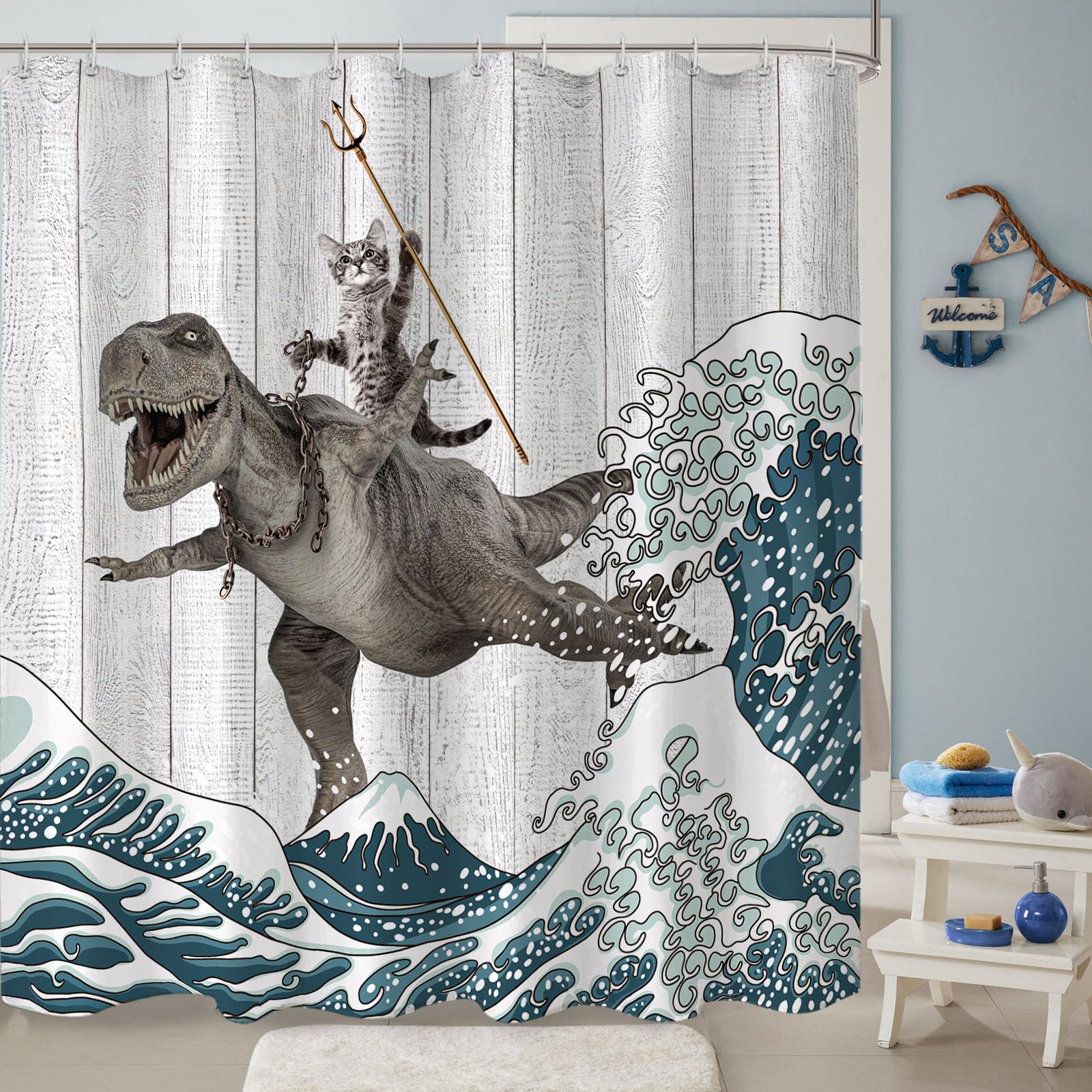 Fungarth Funny Cat Shower Curtain Dinosaur Ocean Sea Wave Shower Curtains For Bathroom Cool Waterproof Fabric Rustic Wooden Farm
