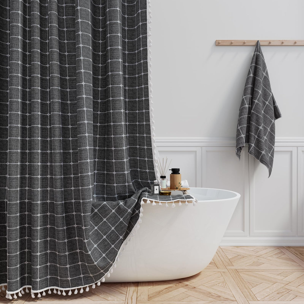 Bttn Charcoal Grey Boho Shower Curtain - Linen Rustic Heavy Duty Fabric Shower Curtain Set With Tassel, Farmhouse Bohemian Vinta